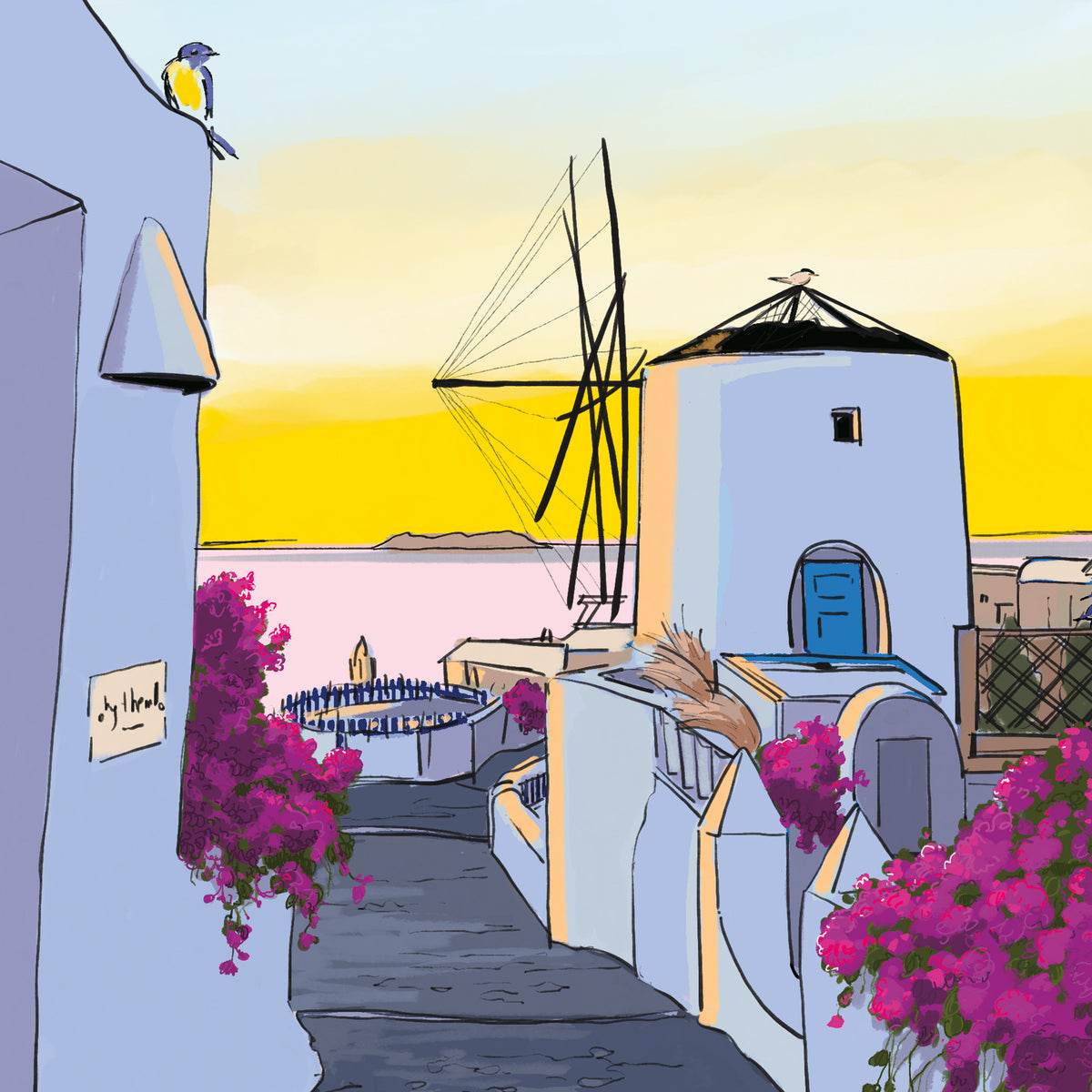 Close-up of the Sunset in Oia, Santorini art print, showing a whitewashed lane lined with pink bougainvillea leading to a windmill against a yellow sunset sky.