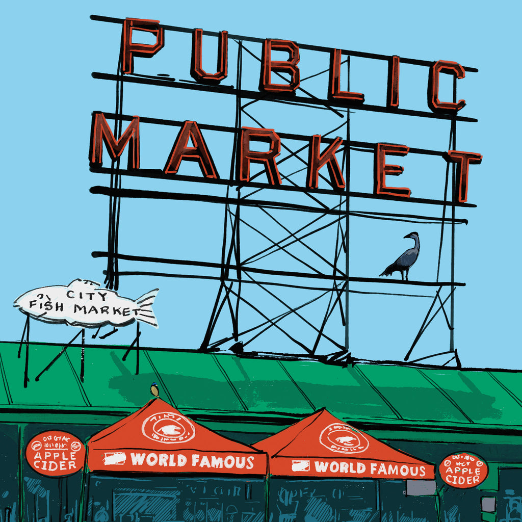 Close-up of the Pike Place Market, Seattle art print, showing the red Public Market sign, the City Fish Market sign and red World Famous market tents under a blue sky.