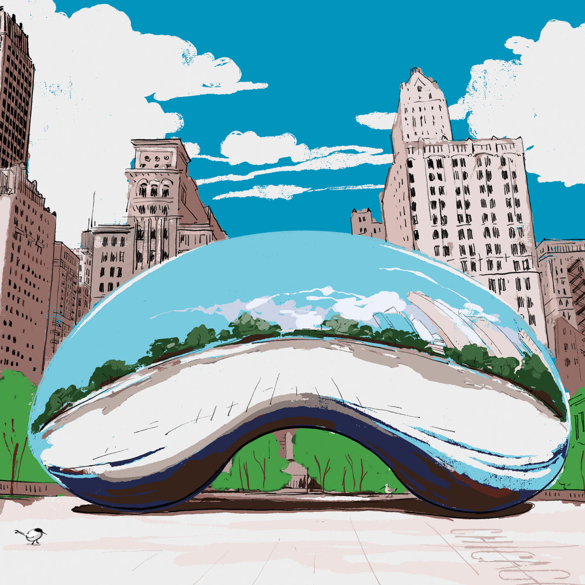 Close-up of the Chicago, The Bean art print, showing Cloud Gate reflecting the sky, trees and surrounding Chicago buildings in Millennium Park.