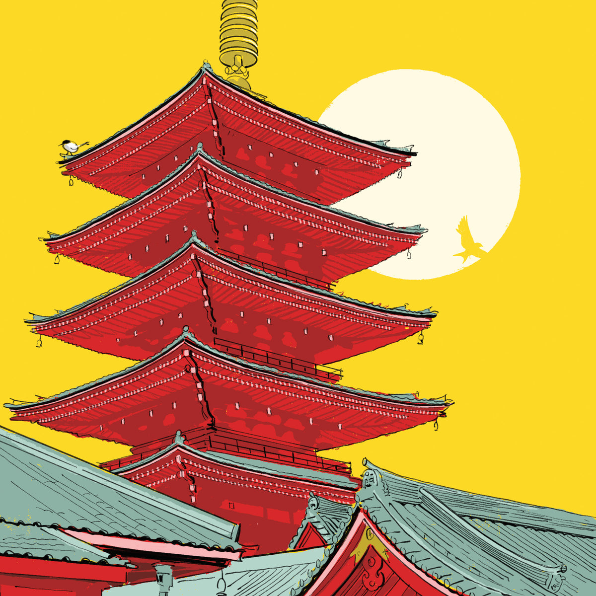 Close-up of the Senso-ji Temple, Tokyo art print, showing the red five-story pagoda against a bright yellow sky with a pale sun.