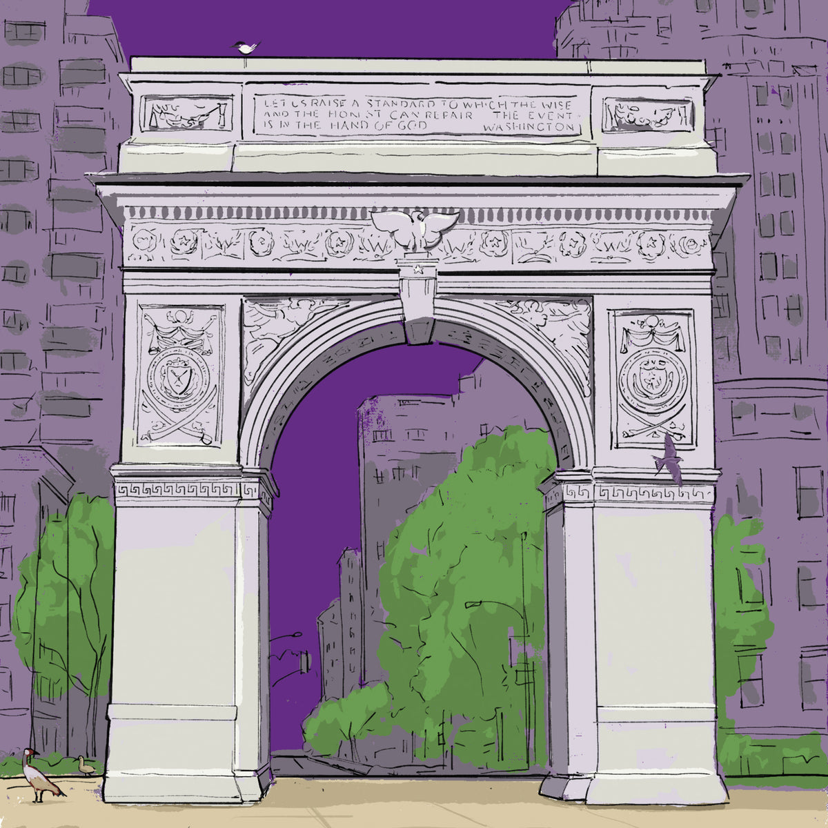 Close-up of the Washington Square Park, New York City art print, showing the white Washington Square Arch framed by green trees and city buildings against a violet sky.