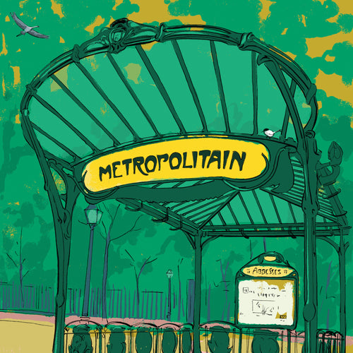 Close-up of the Abbesses Station, Paris art print, showing the green Art Nouveau Metro entrance and its yellow Metropolitain sign.