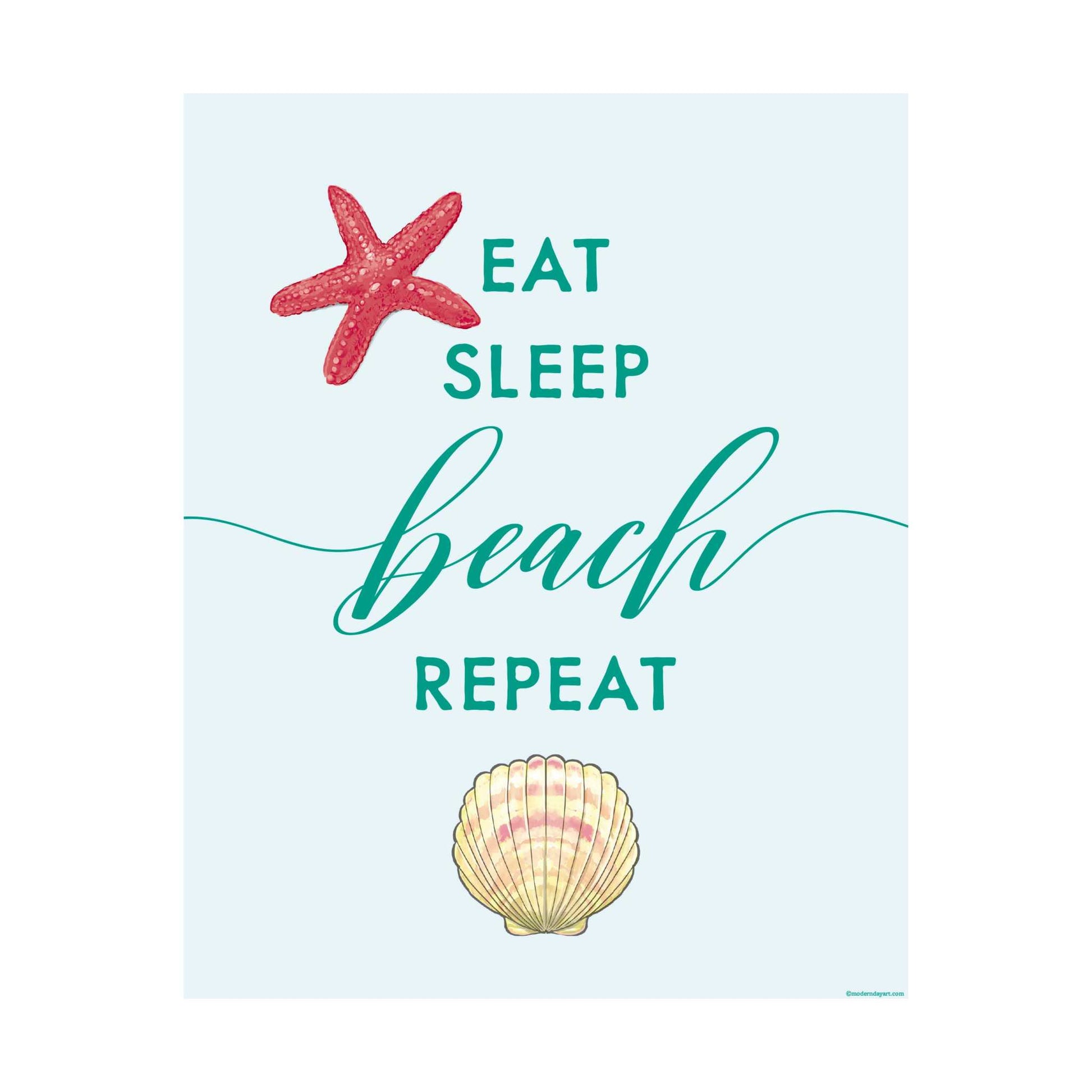 Beach wall art with "Eat, Sleep, Beach, Repeat" text and hand-drawn starfish and scallop design.