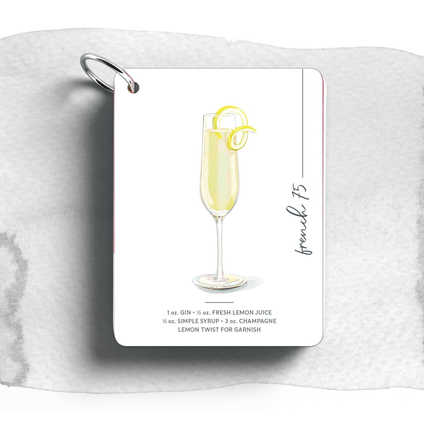 Product image of cocktail cards Mixology book showing French 75 cocktail art with ingredients