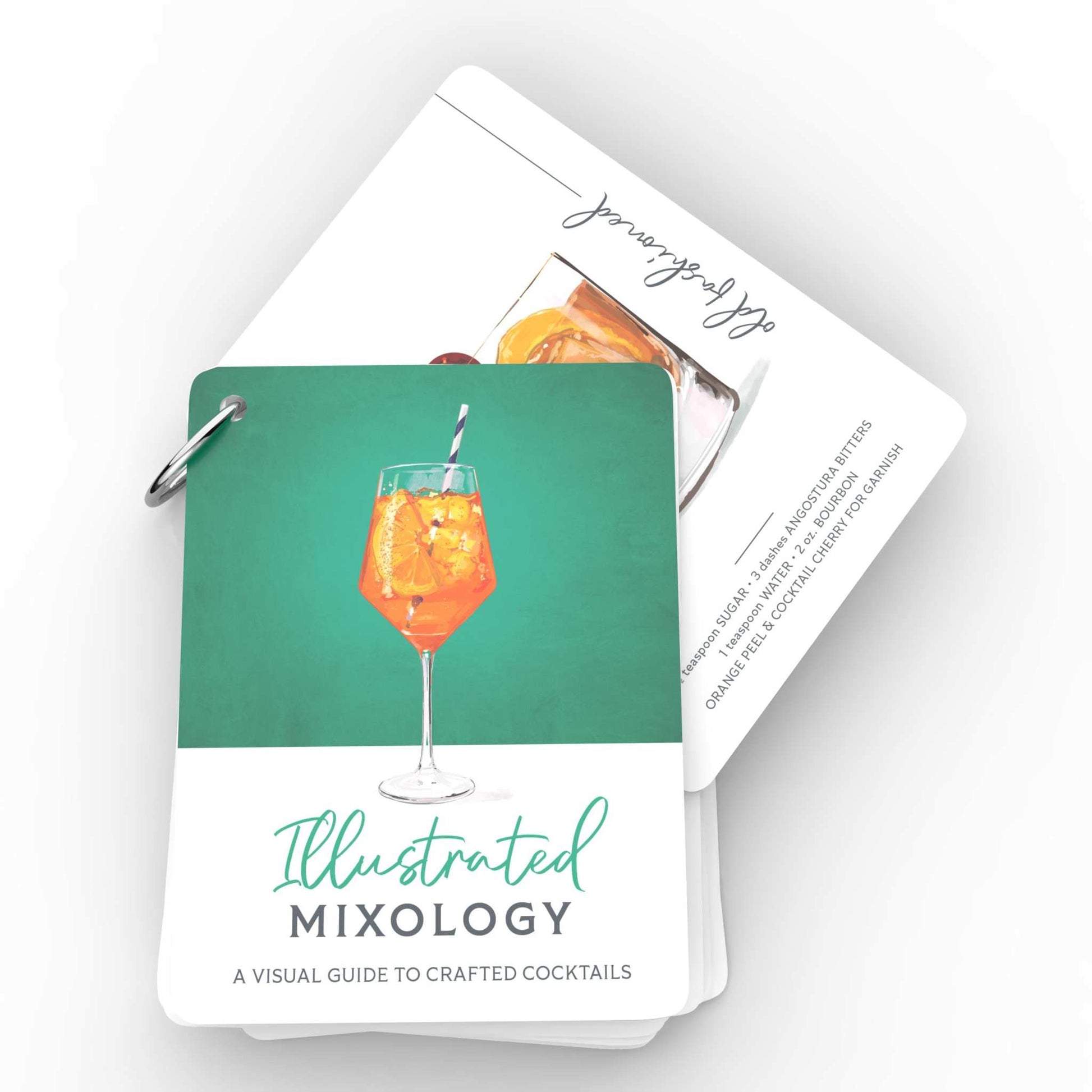 Product detail image showing cocktail book recipe cards, revealing page with Old Fashioned cocktail recipe.