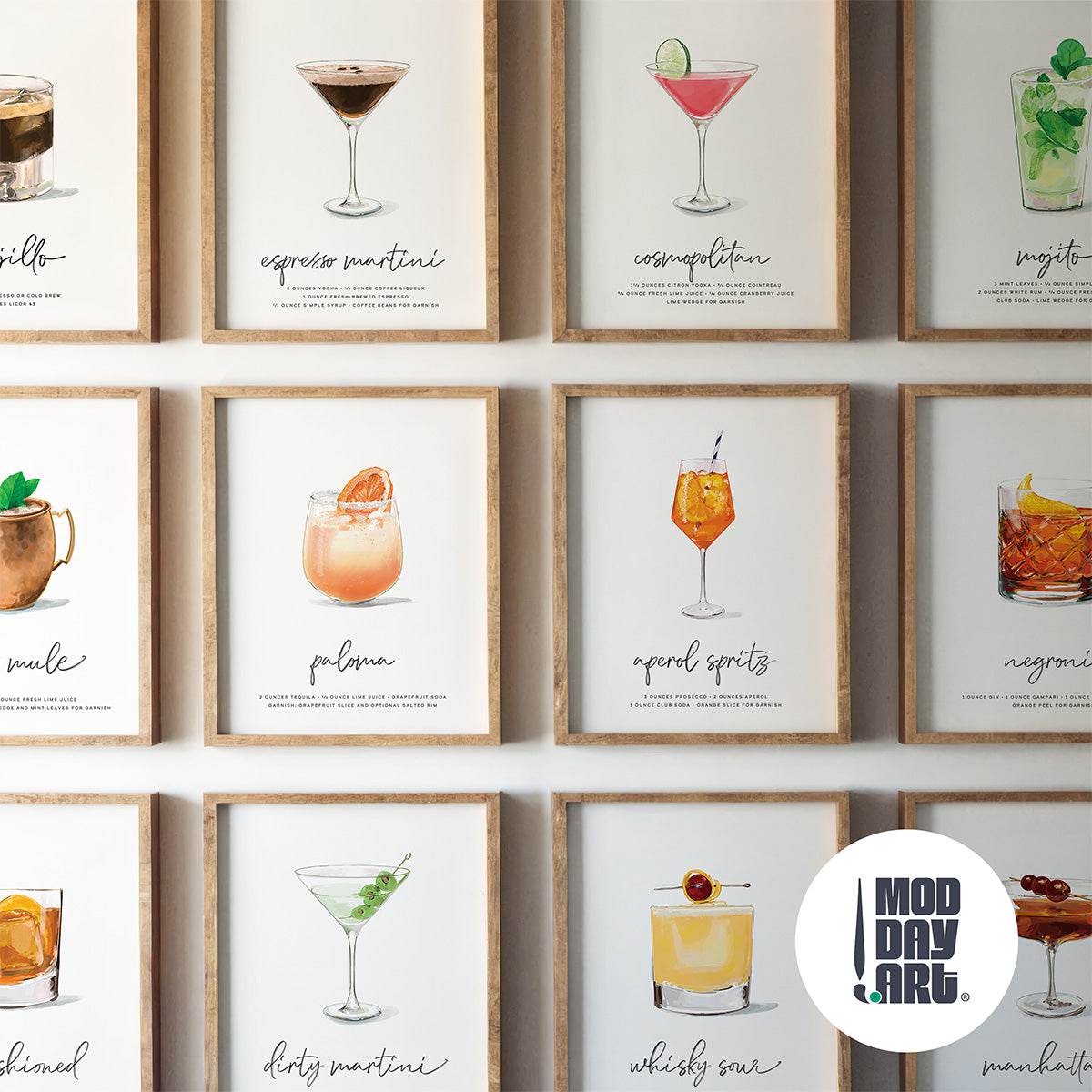 Framed cocktail wall art posters on a wall with 'Mod Day Art' logo.