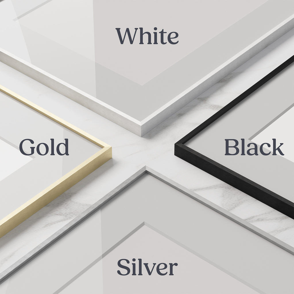 Corners of the Premium Metal Picture Frame in all four finishes, labeled White, Gold, Black and Silver, meeting on a white marble surface.