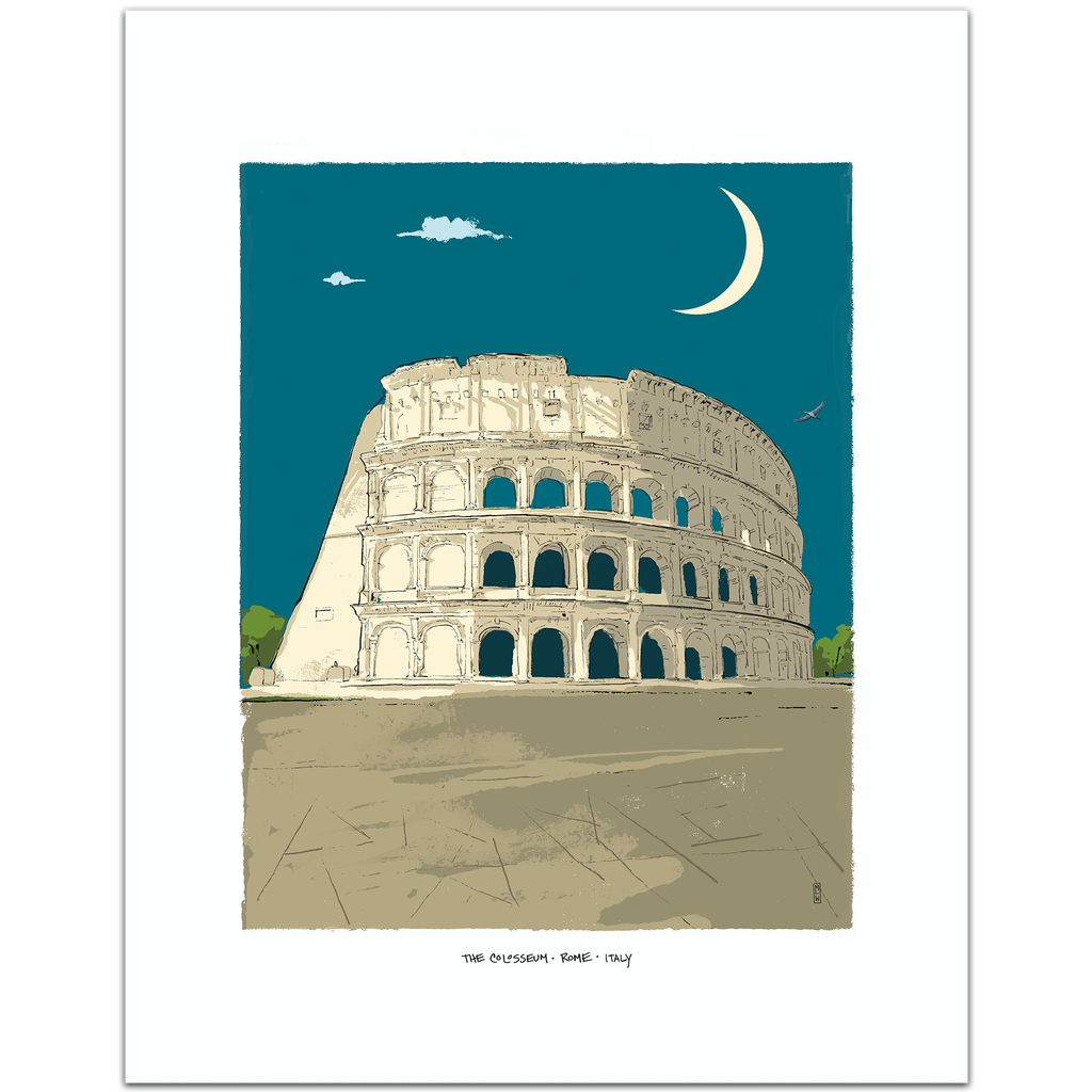 A minimalist art print of the Colosseum in Rome under a crescent moon and teal sky, shown with a wide white border.
