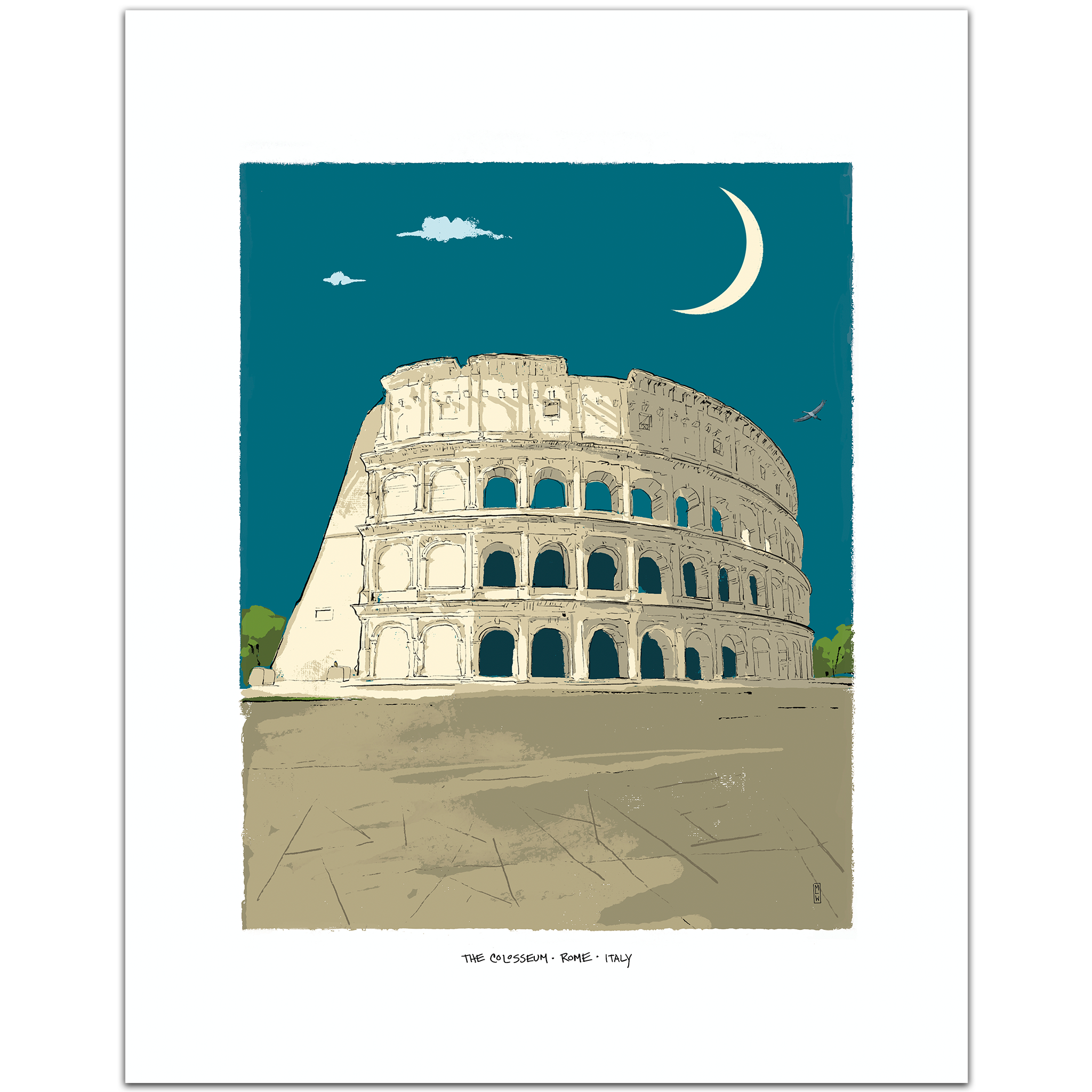 A minimalist art print of the Colosseum in Rome under a crescent moon and teal sky, shown with a wide white border.
