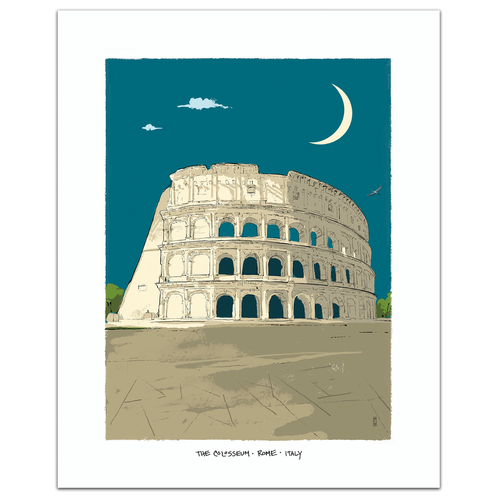 A stylized art print of the Colosseum in Rome, Italy, featuring a cream-colored ancient structure under a deep teal night sky with a white crescent moon and clouds, framed by a white border.