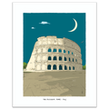 A stylized art print of the Colosseum in Rome, Italy, featuring a cream-colored ancient structure under a deep teal night sky with a white crescent moon and clouds, framed by a white border.