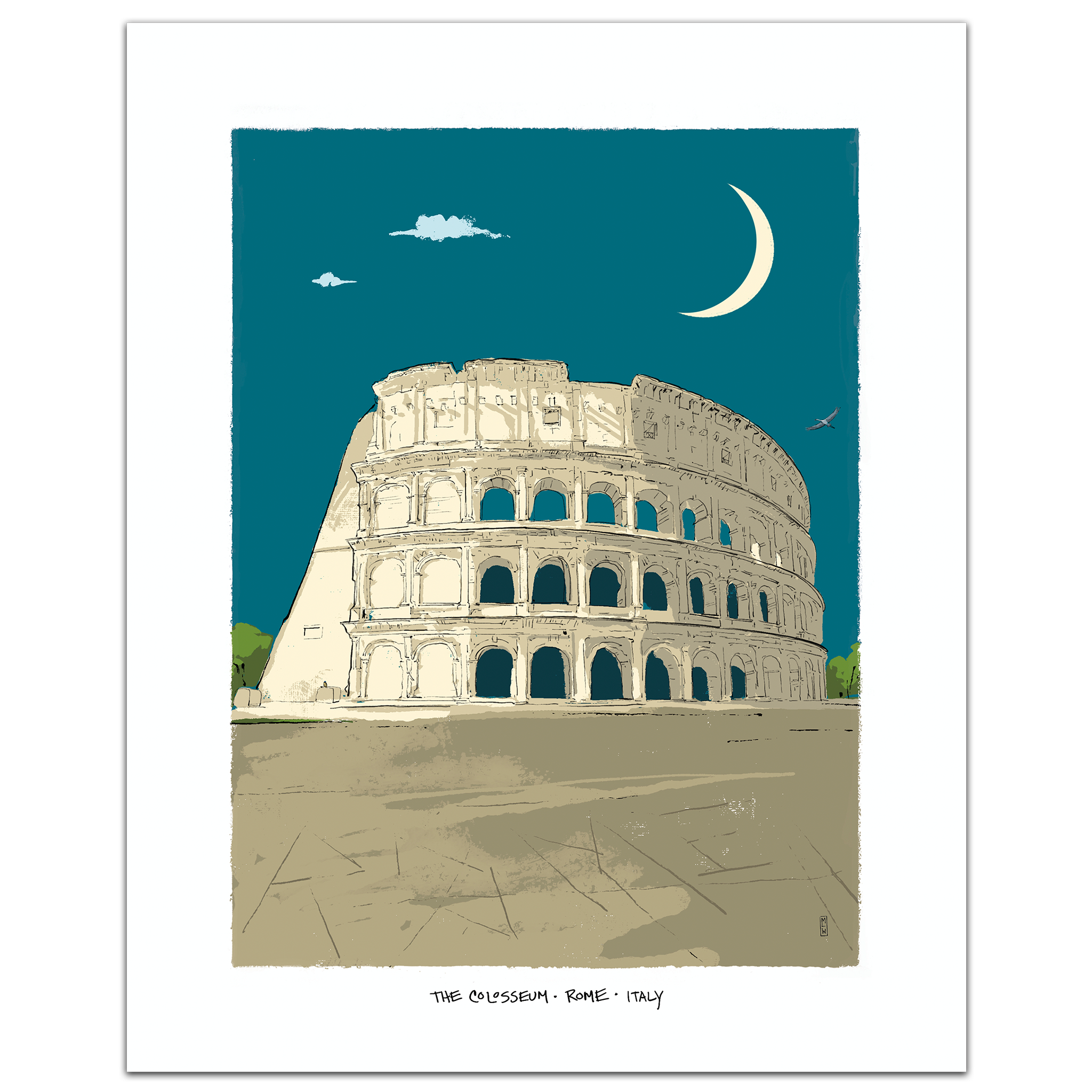 A stylized art print of the Colosseum in Rome, Italy, featuring a cream-colored ancient structure under a deep teal night sky with a white crescent moon and clouds, framed by a white border.