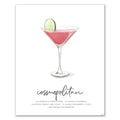 Cosmo recipe cocktail art featuring Cosmopolitan cocktail illustration with a pink drink and lime wedge on a white background
