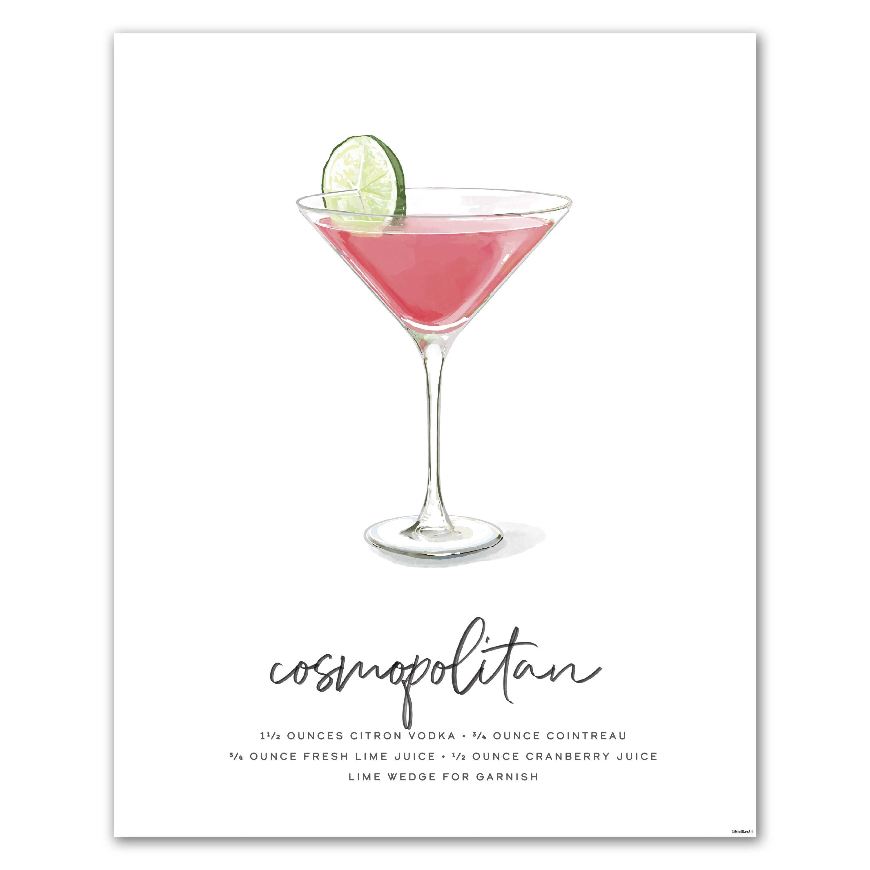 Cosmo recipe cocktail art featuring Cosmopolitan cocktail illustration with a pink drink and lime wedge on a white background