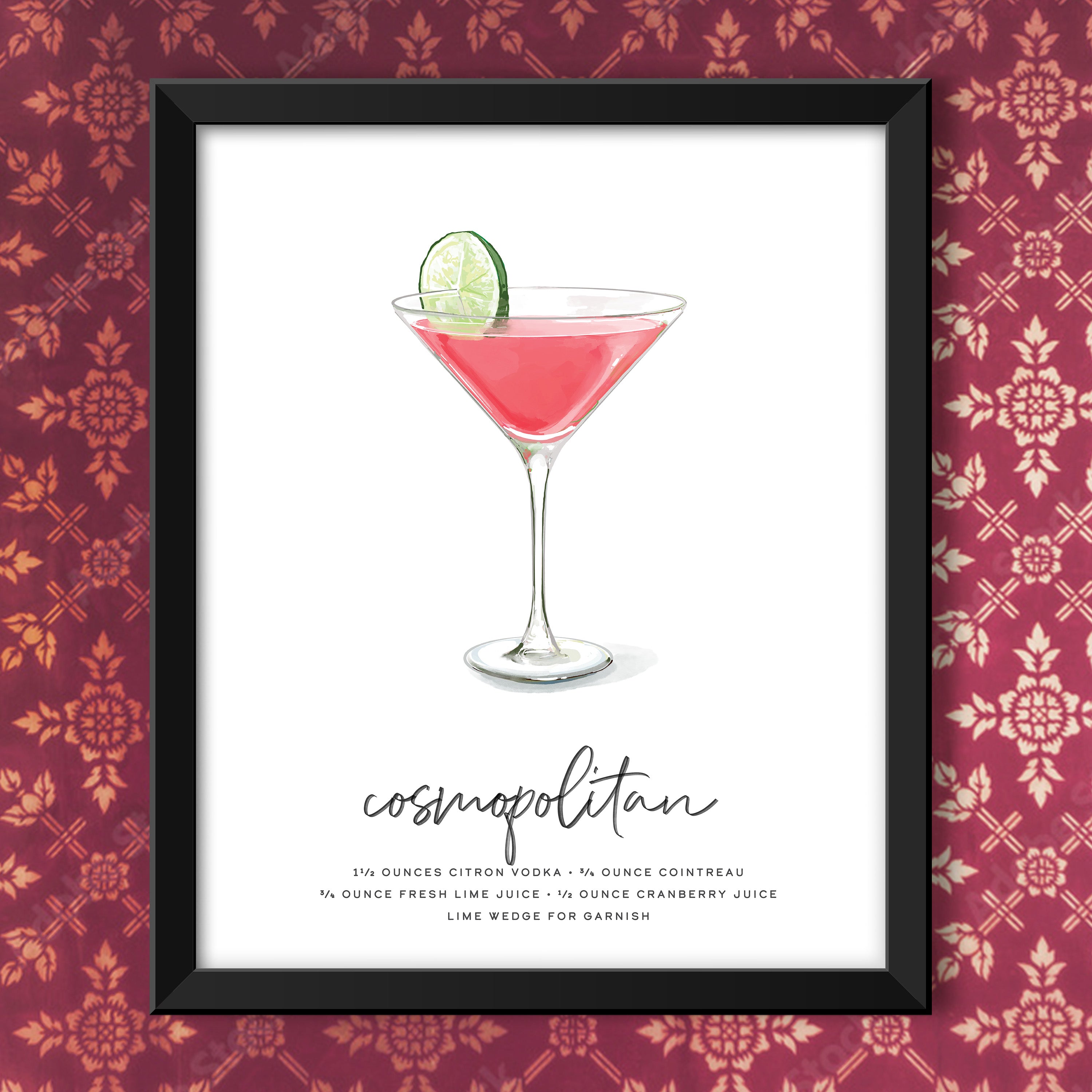 Framed print of a cosmopolitan cocktail with a recipe on a patterned background