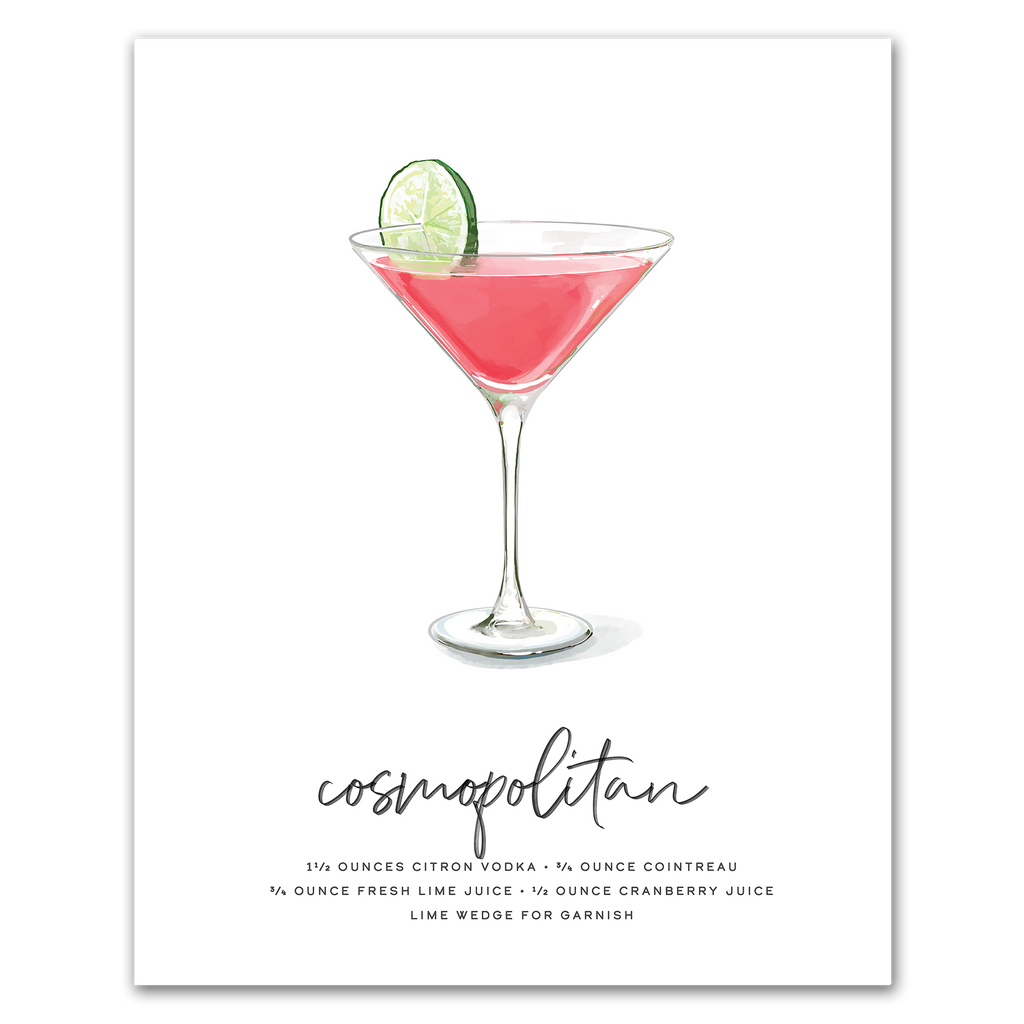 Cosmopolitan hand-drawn illustration — pink cocktail recipe wall art with vodka, cranberry, and lime, 8x10 print