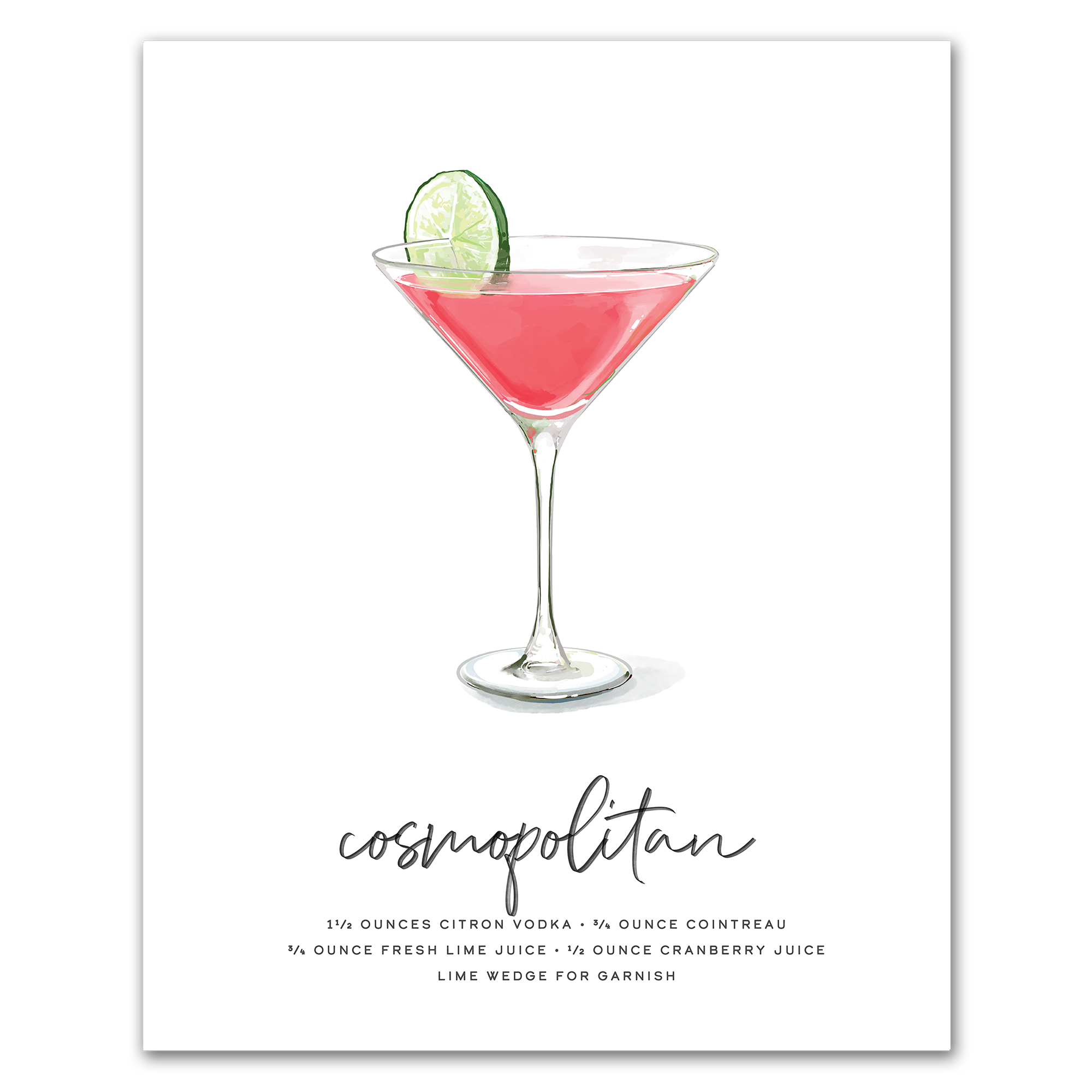 Cosmopolitan hand-drawn illustration — pink cocktail recipe wall art with vodka, cranberry, and lime, 8x10 print