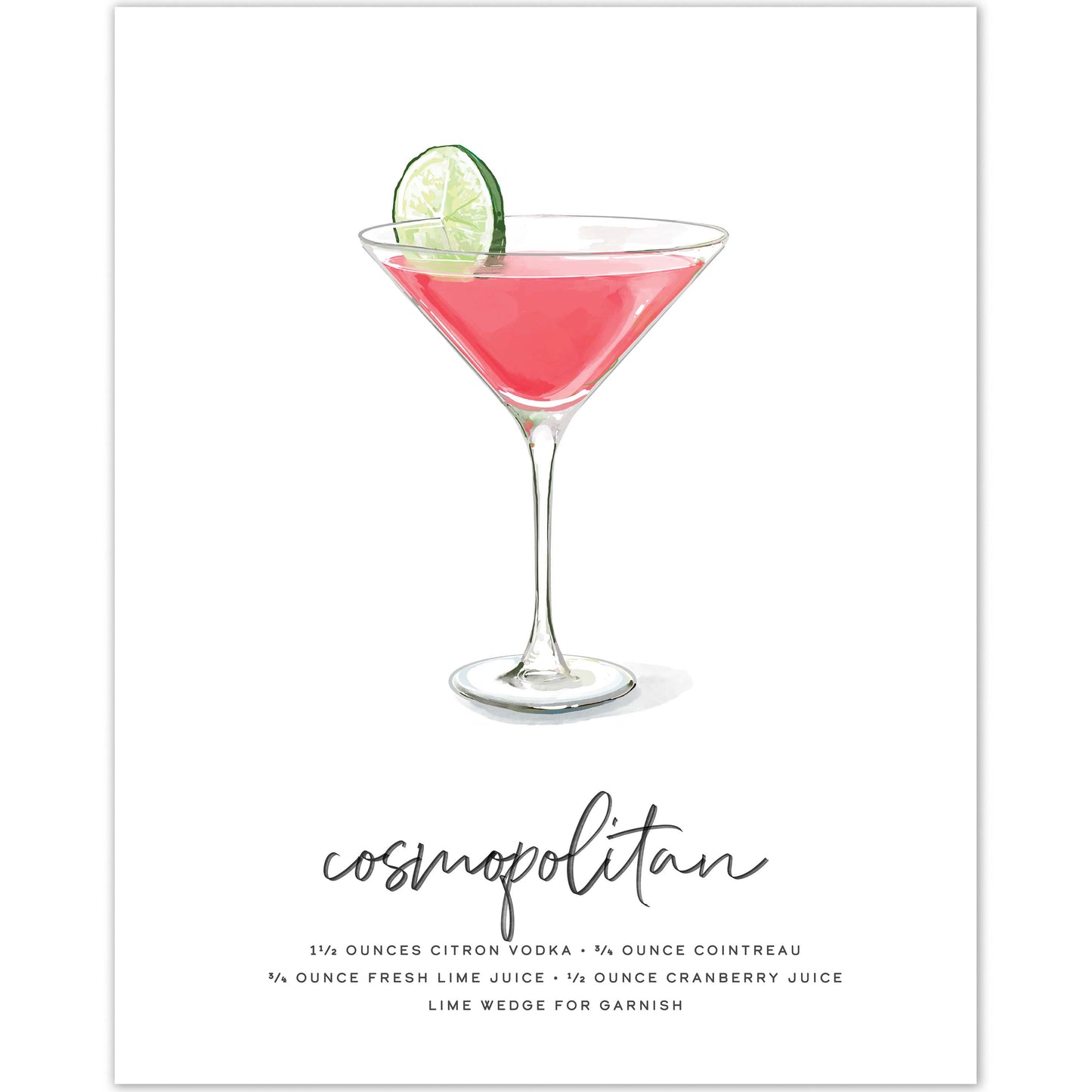 Cosmopolitan cocktail wall art featuring a pink martini glass with lime garnish.