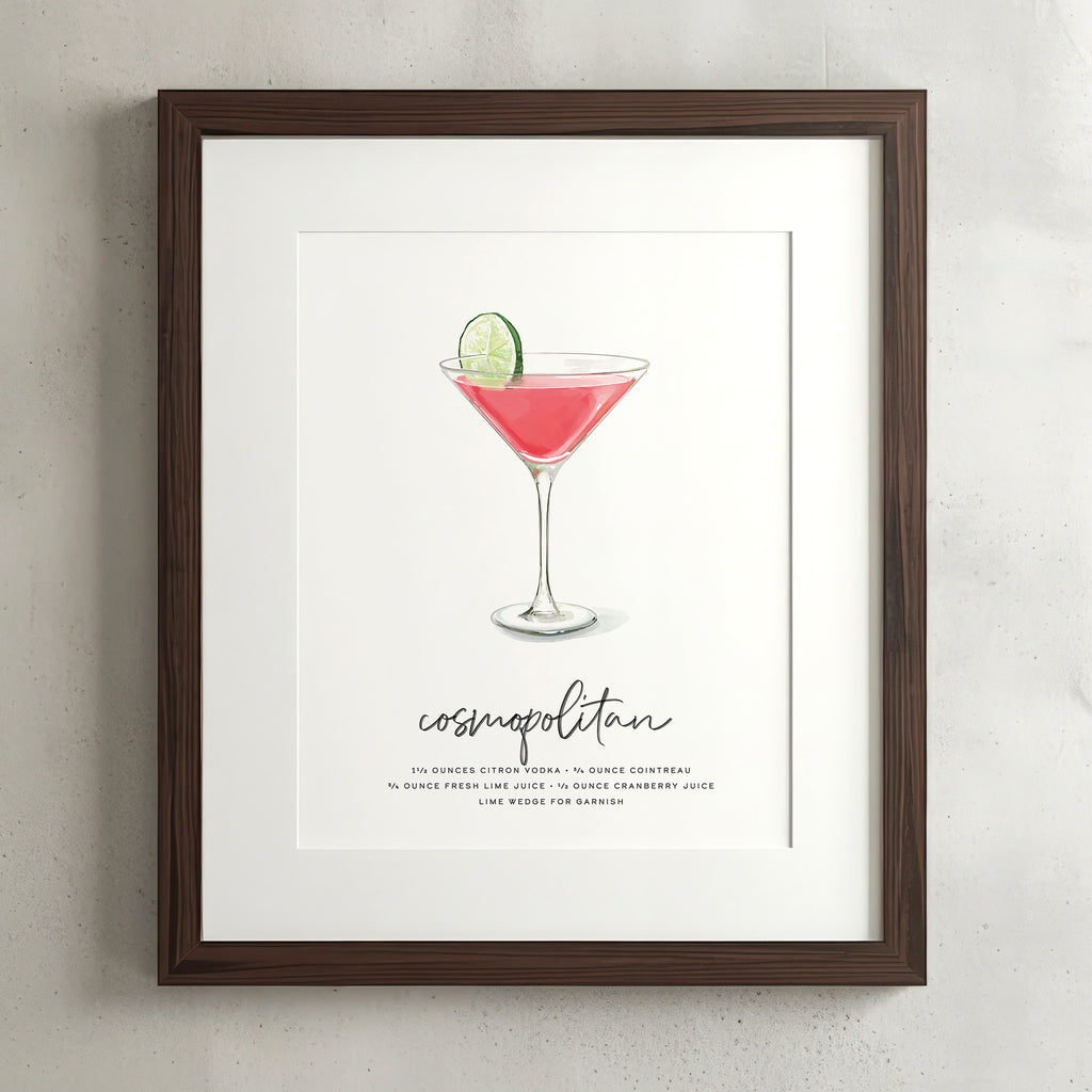 Cosmopolitan cocktail wall art poster in a walnut frame, hand-drawn recipe illustration, 8x10 print