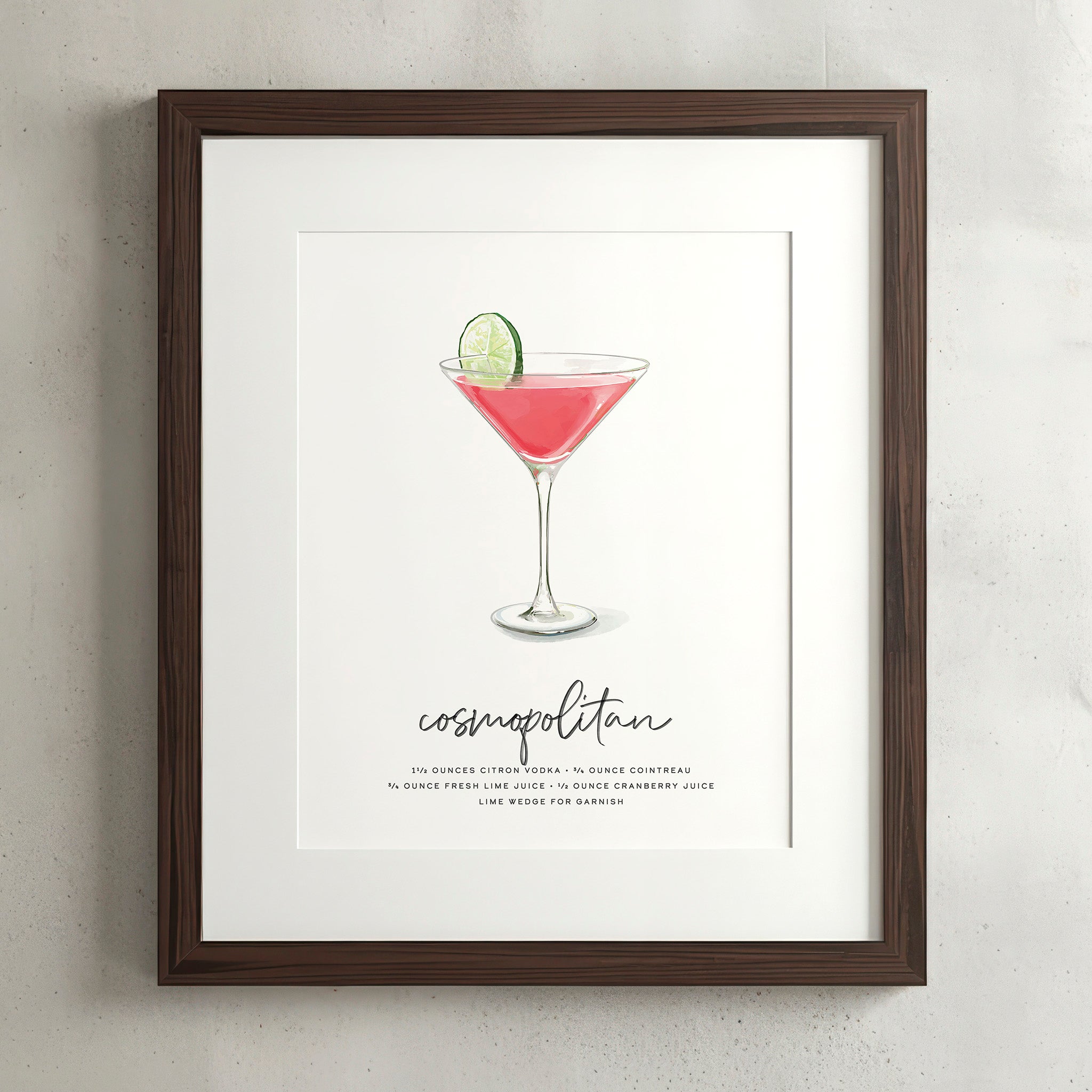 Cosmopolitan cocktail wall art poster in a walnut frame, hand-drawn recipe illustration, 8x10 print