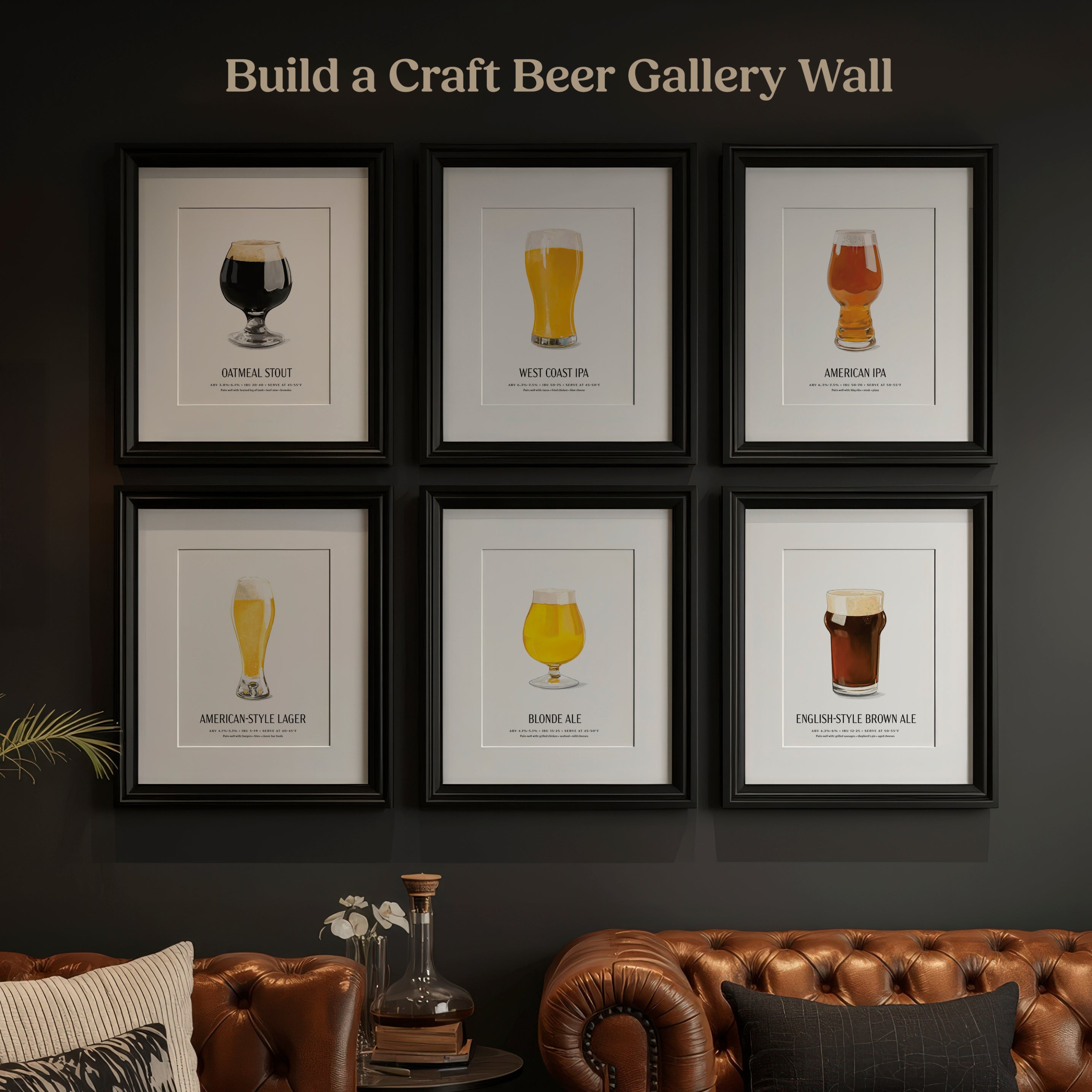 Framed craft beer illustrations on a dark wall with brown leather furniture.