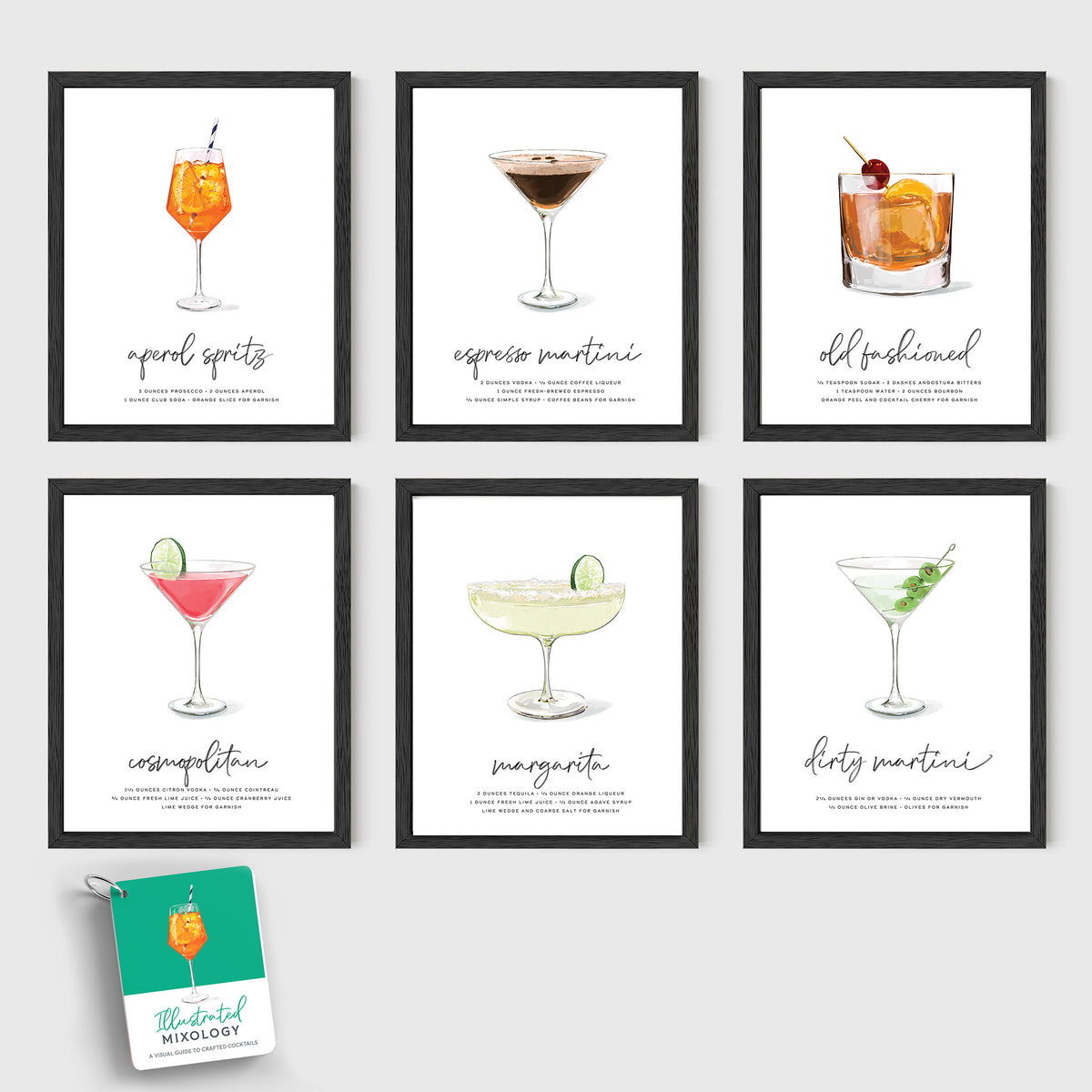 Curated Cocktail Bundle Framed in Black Oak: six hand-illustrated cocktail recipe prints (Aperol Spritz, Espresso Martini, Old Fashioned, Cosmopolitan, Margarita and Dirty Martini) in black frames with the Illustrated Mixology recipe card deck
