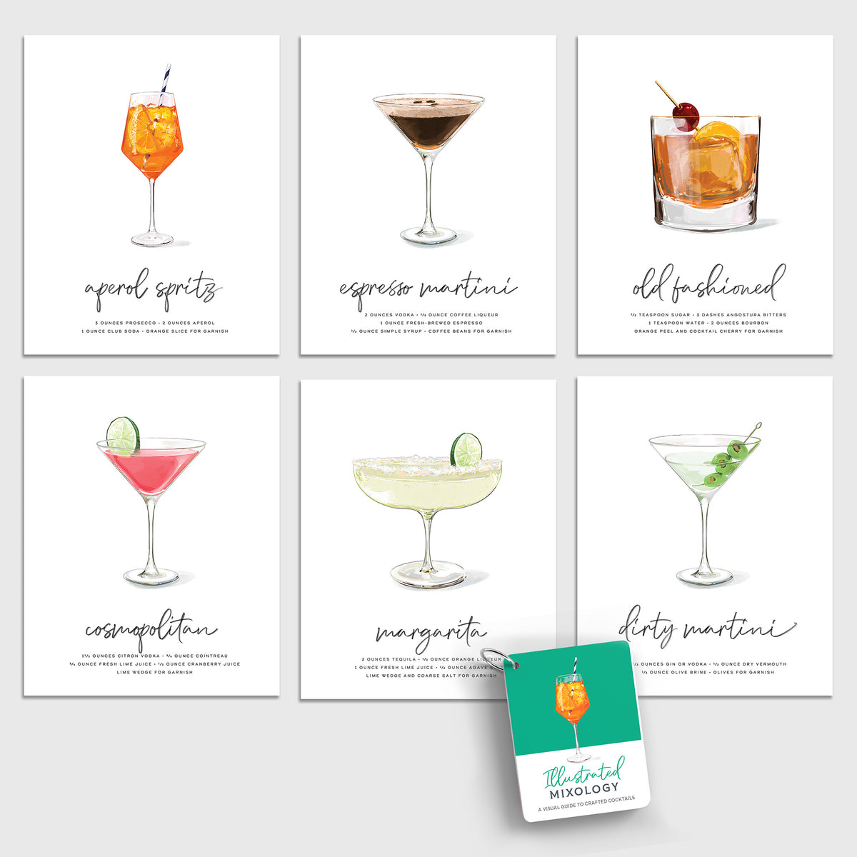 Curated Cocktail Bundle: six unframed hand-illustrated cocktail recipe prints (Aperol Spritz, Espresso Martini, Old Fashioned, Cosmopolitan, Margarita and Dirty Martini) with the Illustrated Mixology recipe card deck