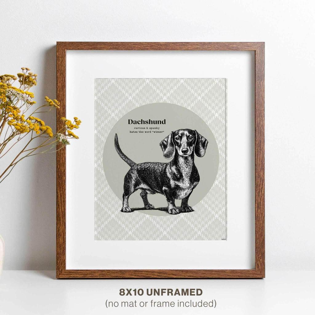 Framed Dachshund art in a modern wood frame, elegantly displayed next to a vibrant flower.