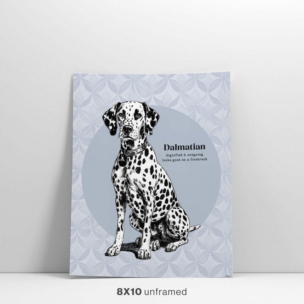 Dog Art print with a Dalmatian dog illustration on a light blue patterned background.