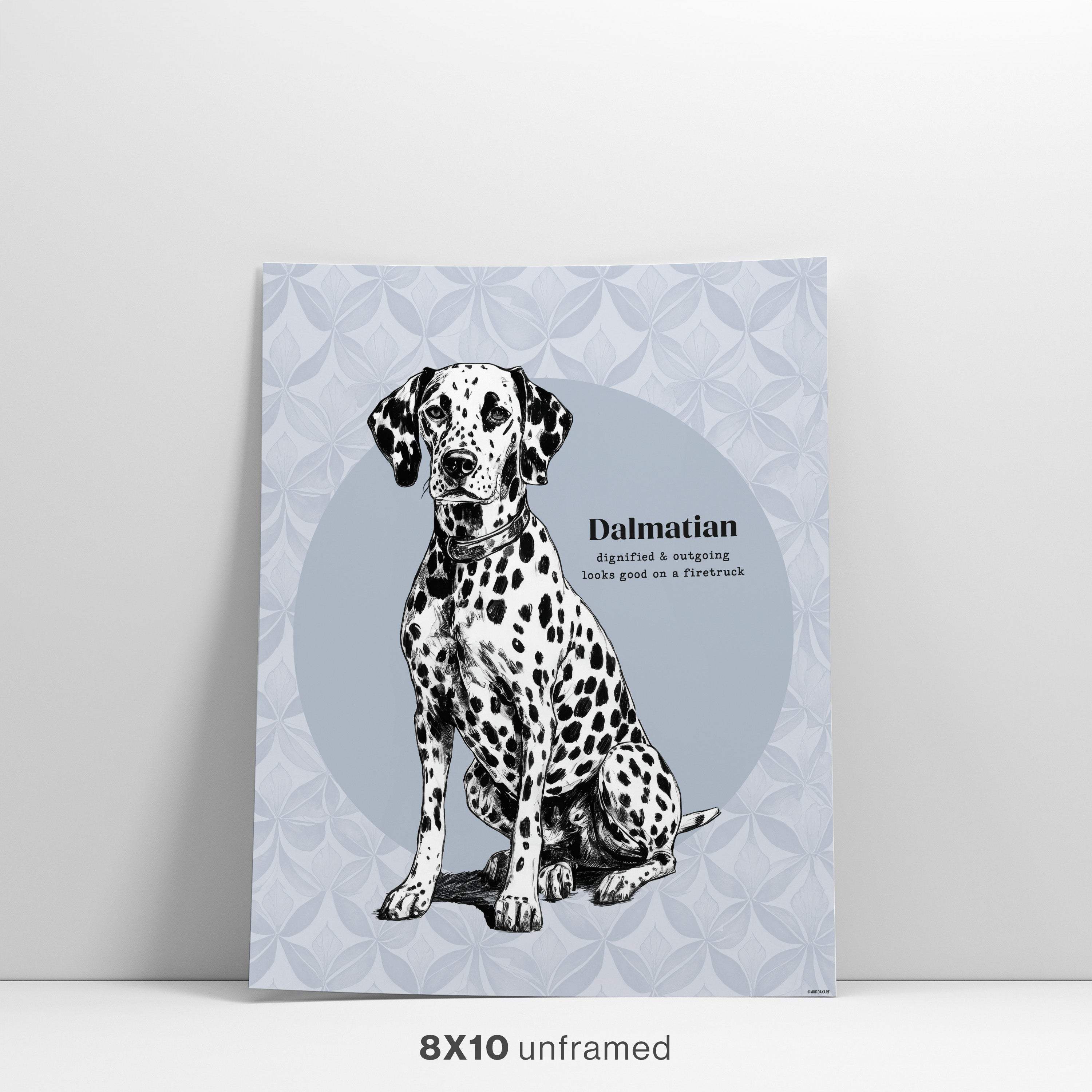 Dog Art print with a Dalmatian dog illustration on a light blue patterned background.