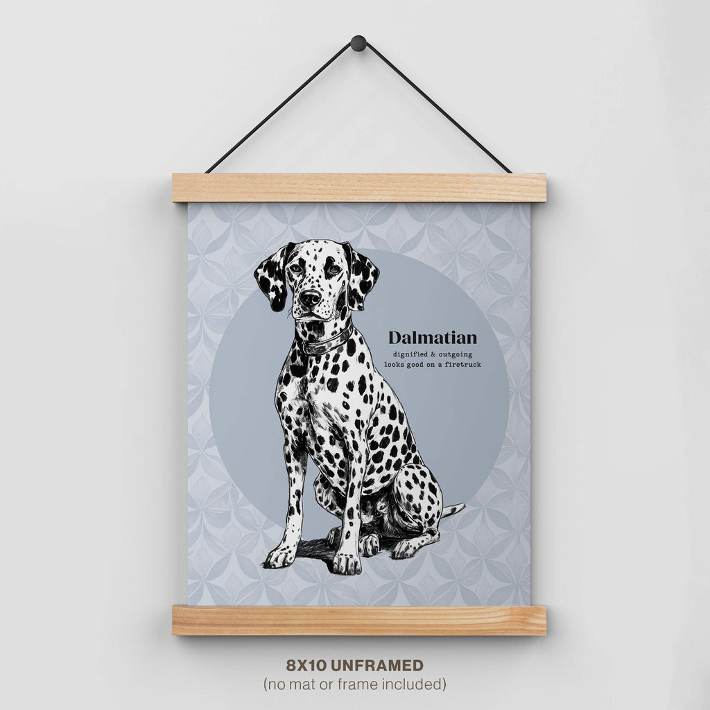 Framed poster of a Dalmatian dog with decorative elements on a light gray background