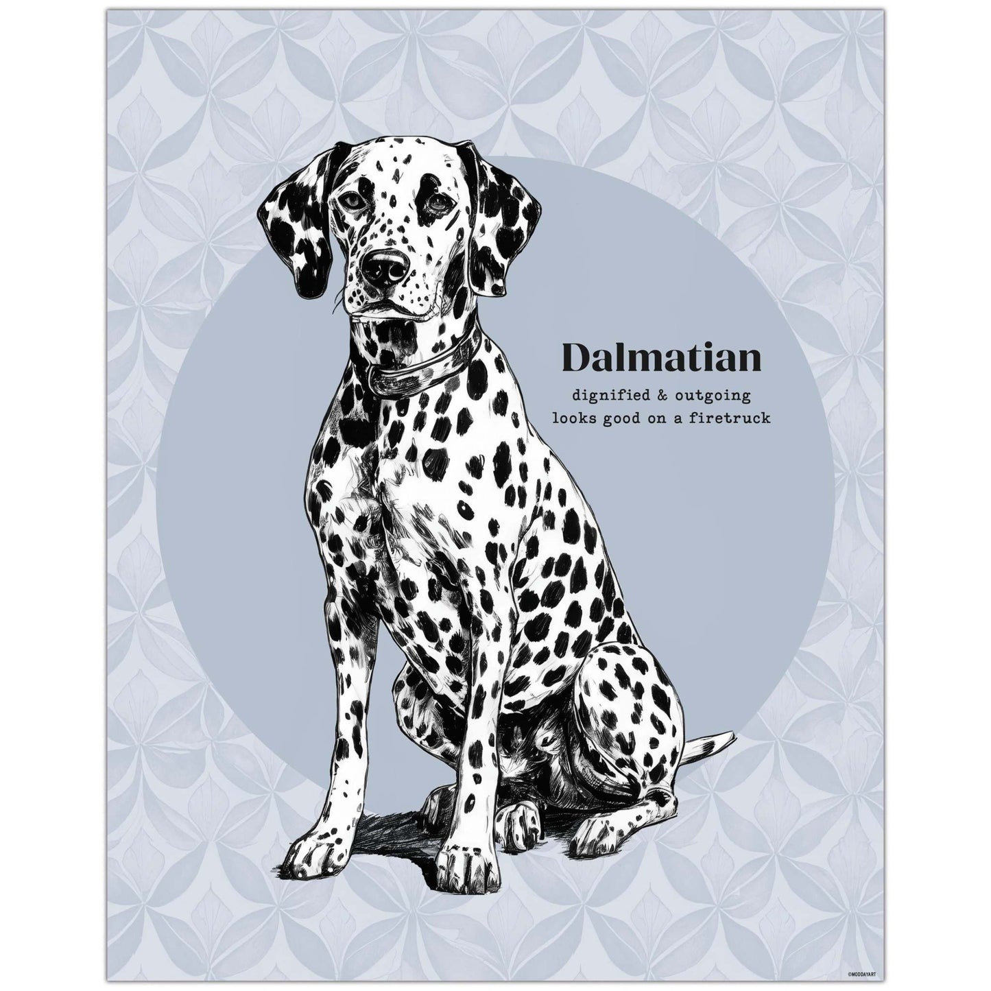 Dalmatian drawing wall art with whimsical sketch and floral backdrop.