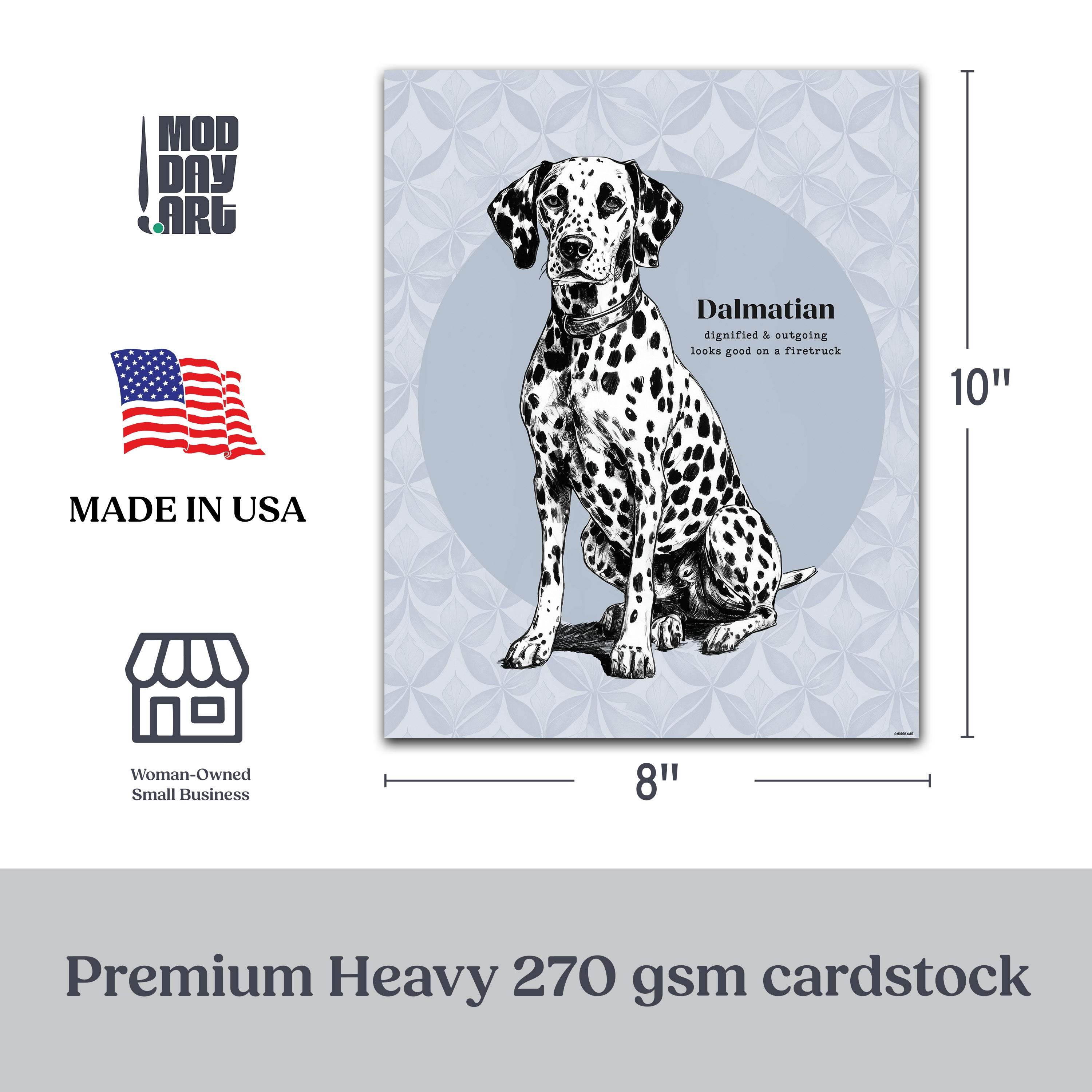 Dalmatian illustration on a card with Mod Day Art branding and product details.