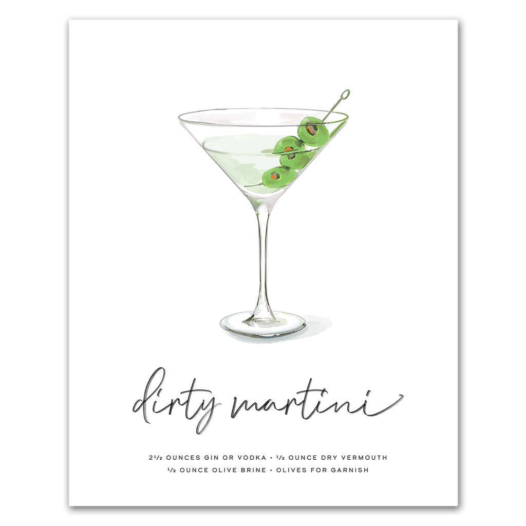 Dirty Martini hand-drawn illustration — cocktail recipe wall art with gin, vermouth, and olive brine, 8x10 print