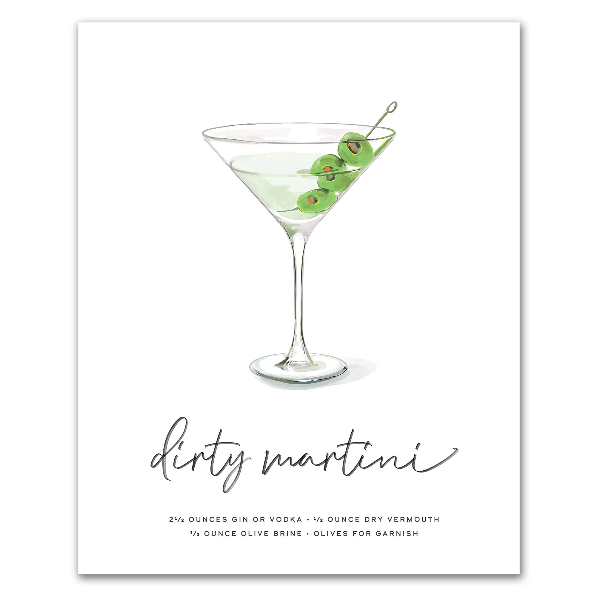Dirty Martini hand-drawn illustration — cocktail recipe wall art with gin, vermouth, and olive brine, 8x10 print