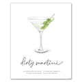 Classic Martini art recipe cocktail poster featuring an illustration of a dirty martini with olives on a white background