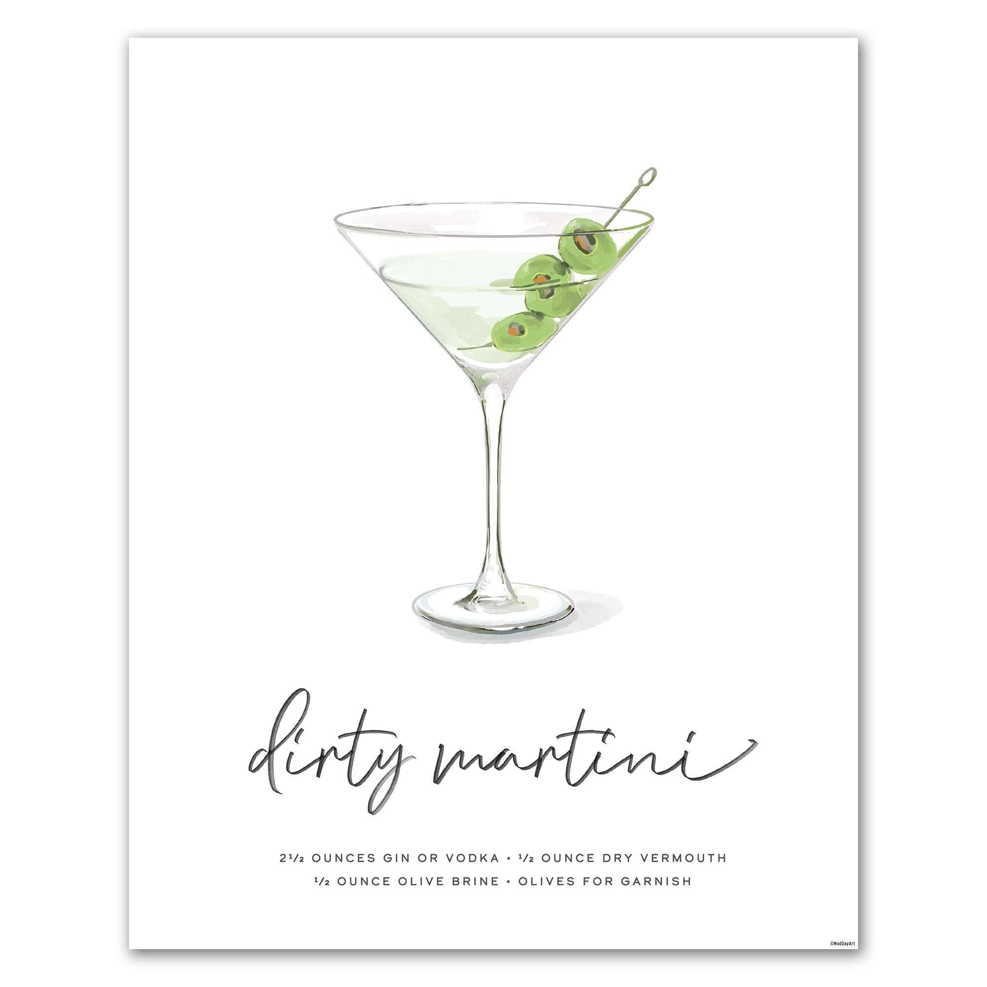 Classic Martini recipe cocktail art featuring an illustration of a dirty martini with olives on a white background