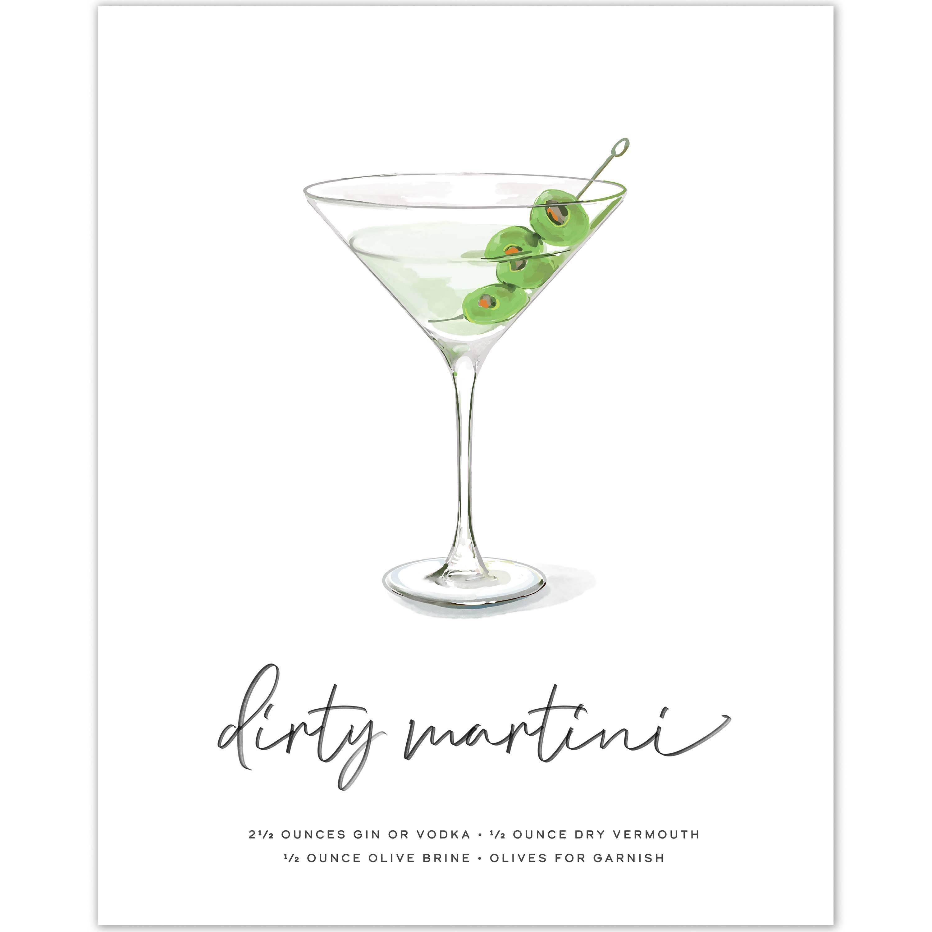 Dirty martini cocktail wall art with classic martini glass and olives, featuring recipe details.
