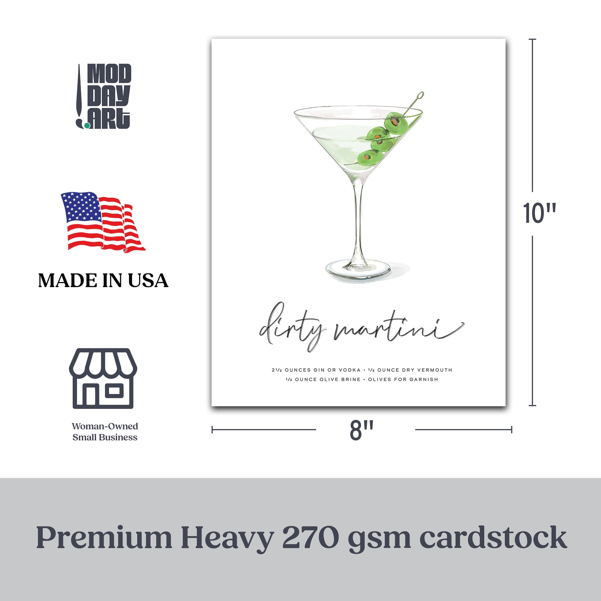 Dirty Martini Cocktail Wall Art featuring classic glass with olives, premium 8x10 print, USA made.