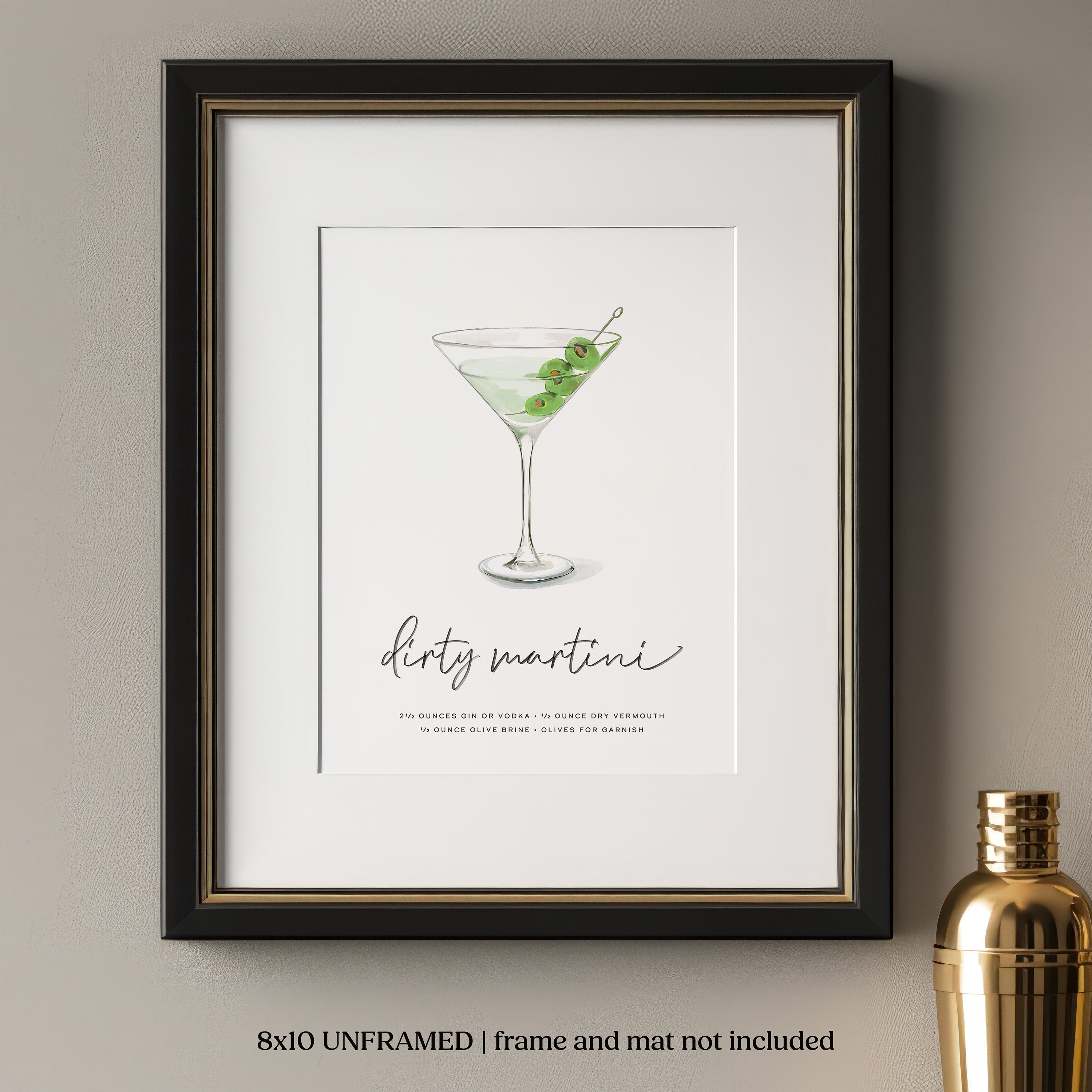 Dirty Martini cocktail wall art framed and displayed in a home bar setting