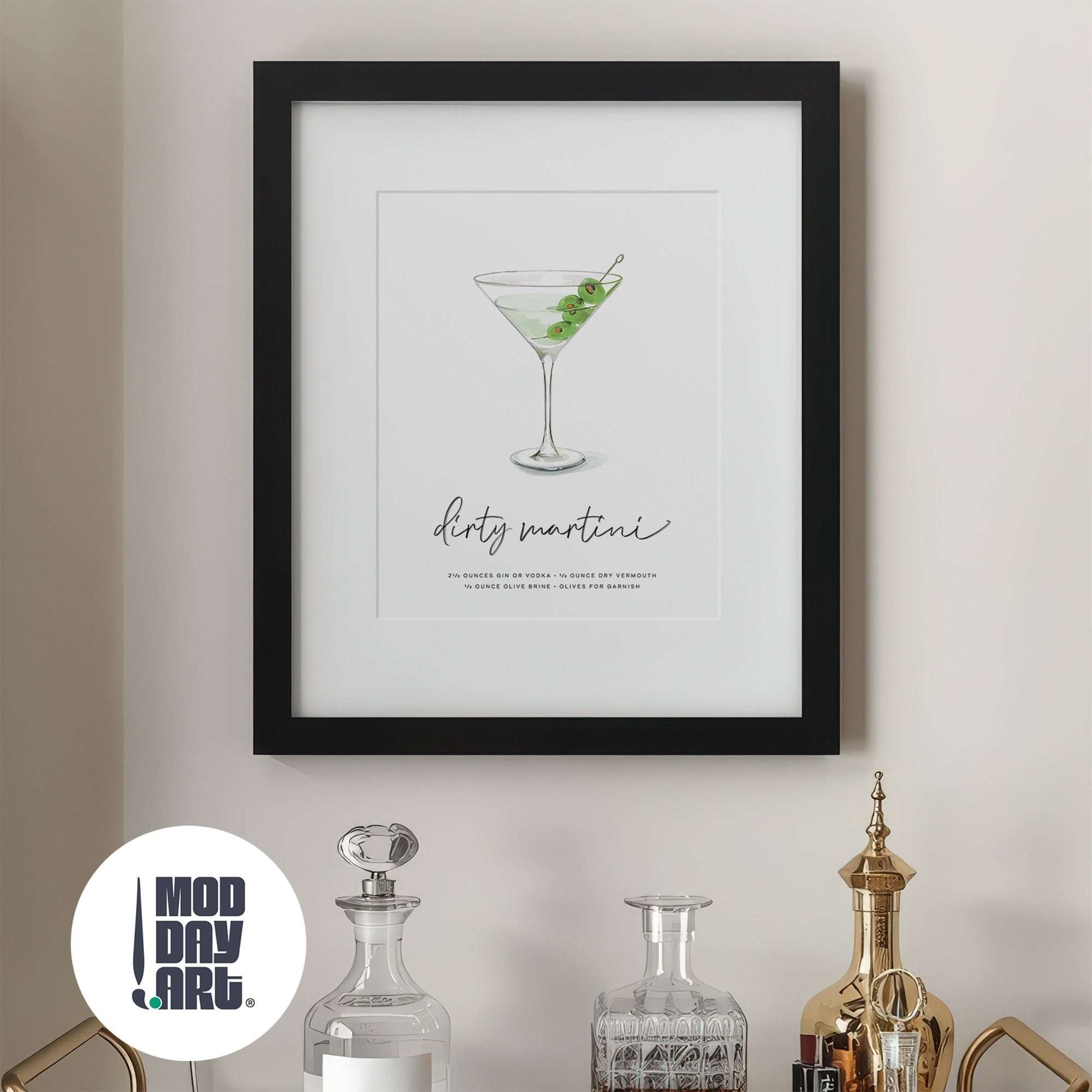 Dirty Martini recipe cocktail wall artwork of a dirty martini glass on a wall with decorative bottles below.