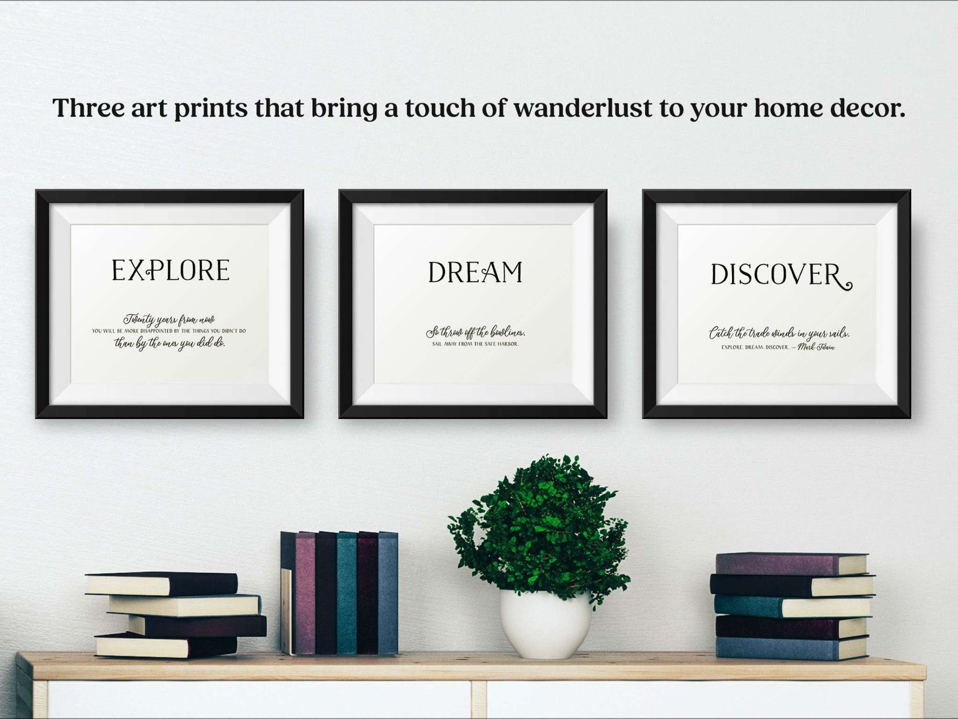 3 piece travel quotes wall art set featuring "Dream Explore Discover" prints.