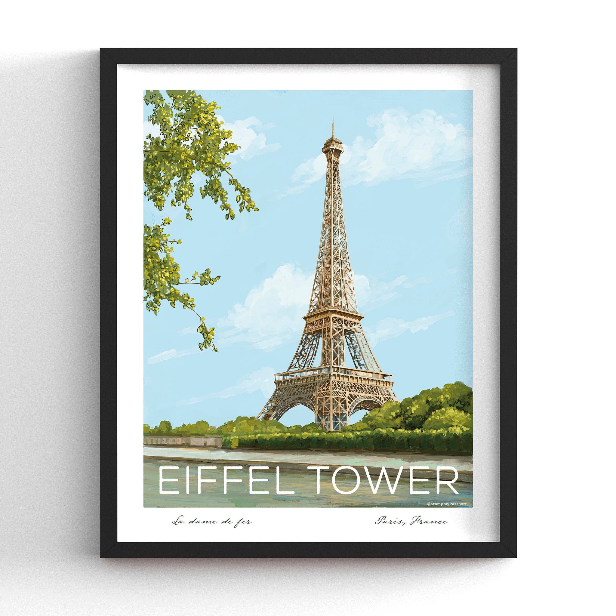 Eiffel Tower Paris art print in a black frame (frame not included), hand-illustrated travel wall art, 8x10