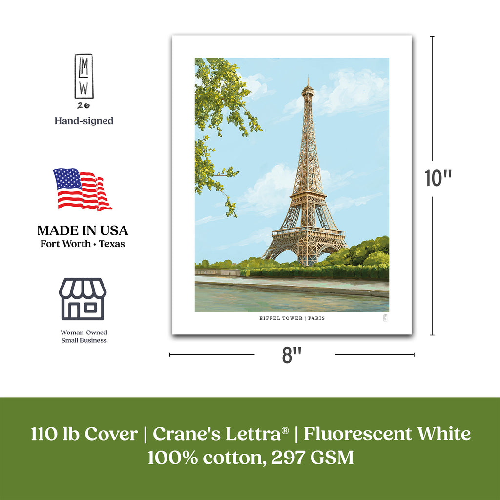 A product information graphic for a Crane's Lettra cotton art print showing the Eiffel Tower in Paris. The graphic displays two print sizes with dimension lines and labels: 8x10 inches and 11x14 inches.
