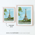 Paris Eiffel Tower painting size comparison featuring 8x10 and 11x14 inch prints displayed in frames (frames not included)