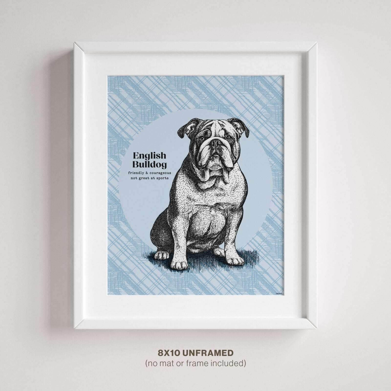English Bulldog drawing showcased in a modern 8x10 frame, elegantly displayed on a wall.