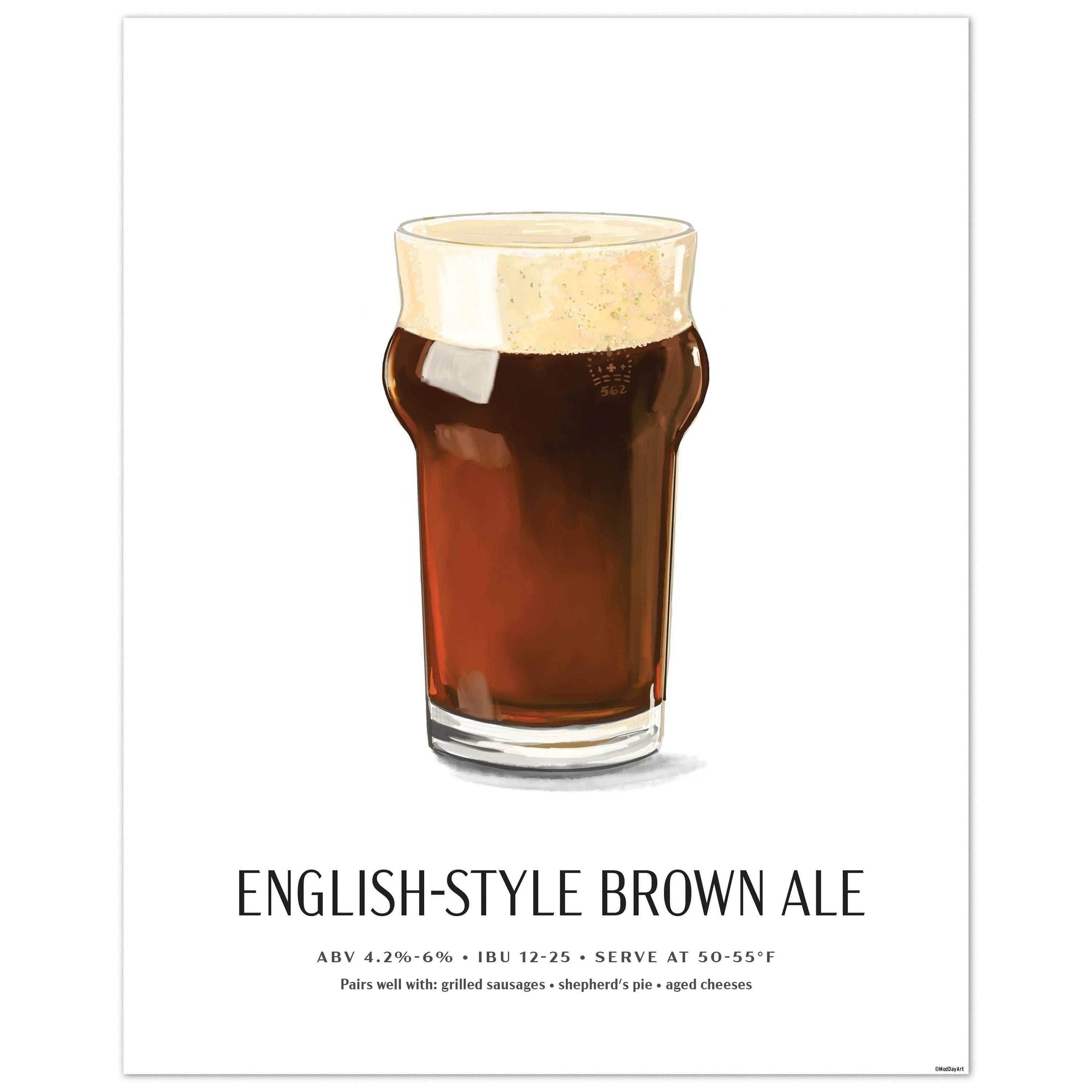 Illustrated English-Style Brown Ale Beer Poster for Craft Beer Lovers (8x10 Unframed)