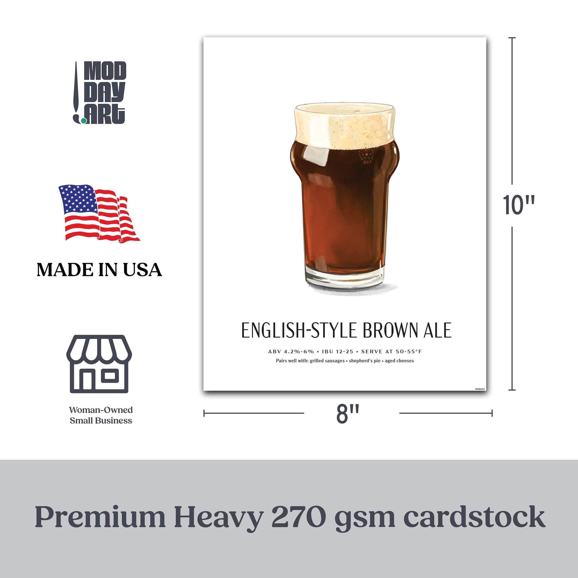 English-Style Brown Ale illustrated beer poster, 8x10 unframed, premium cardstock.