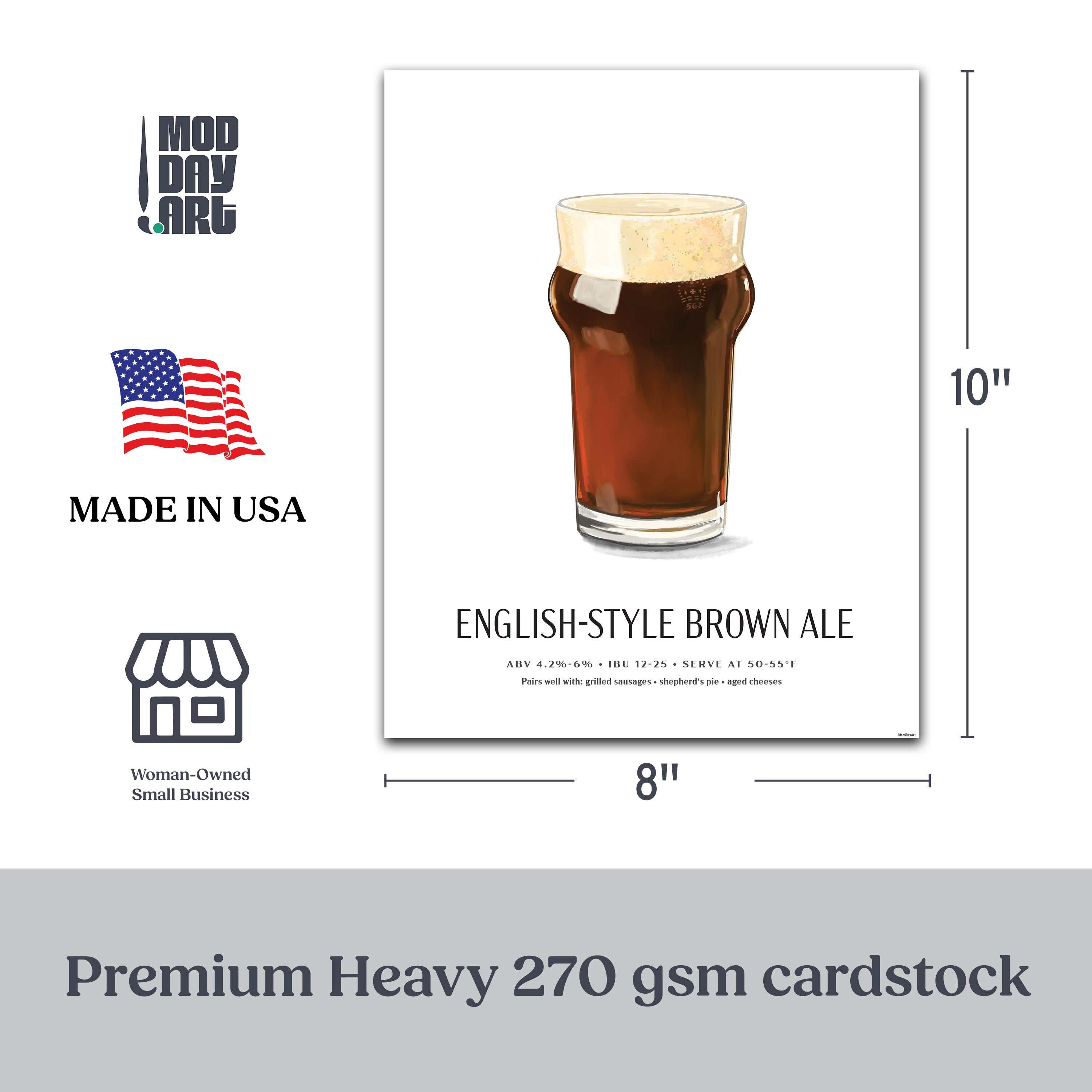 English-Style Brown Ale illustrated beer poster, 8x10 unframed, premium cardstock.