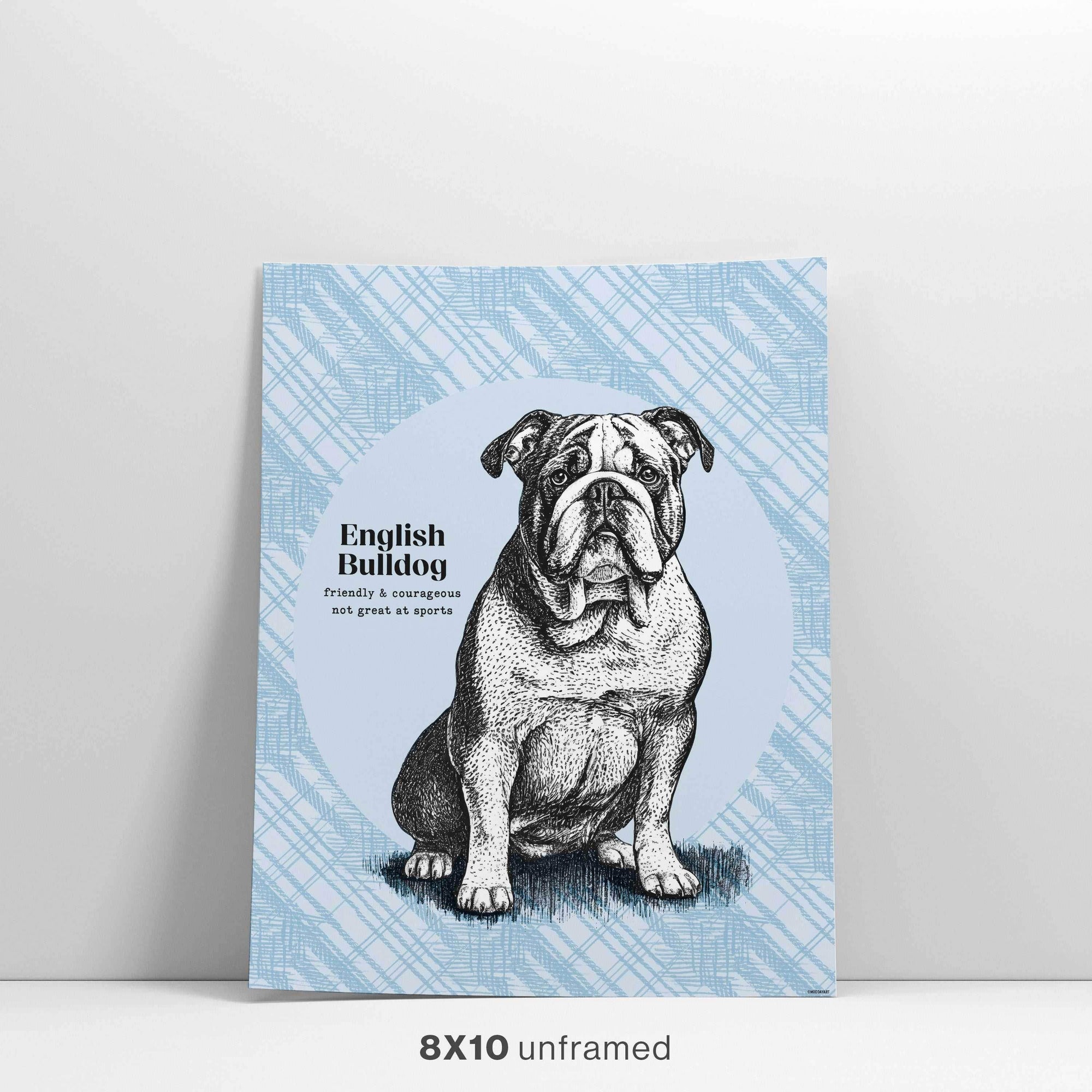 English Bulldog drawing wall art with plaid background, perfect for dog-themed decor.
